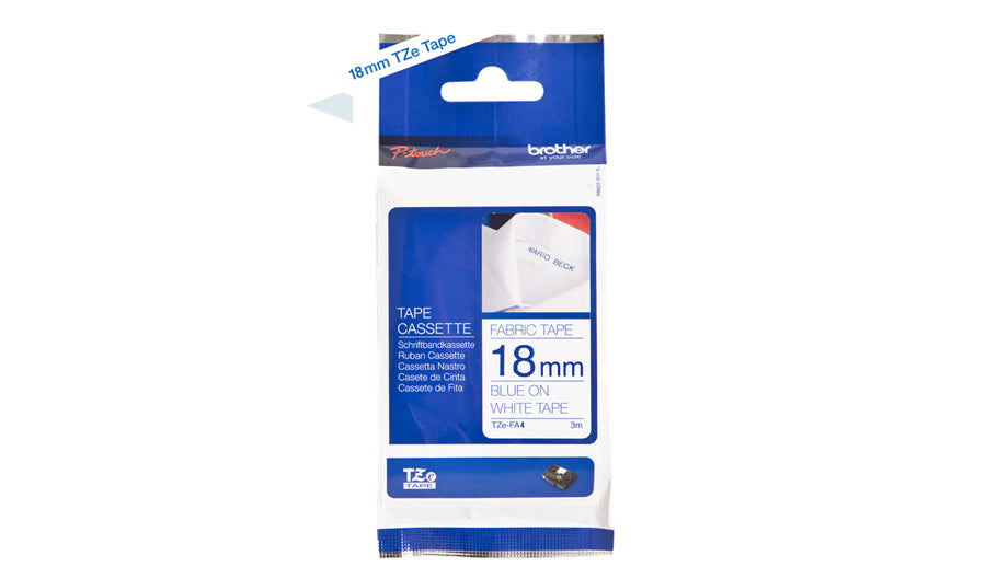 Brother TZe-FA4 - Tela - Azul sobre blanco - Rollo (1,8 cm x 3 m) 1 cassette(s) de cinta - para P-Touch PT-3600, D400, D450, D600, E300, E550, H101, H300, H500, P700, P750, P900, P950