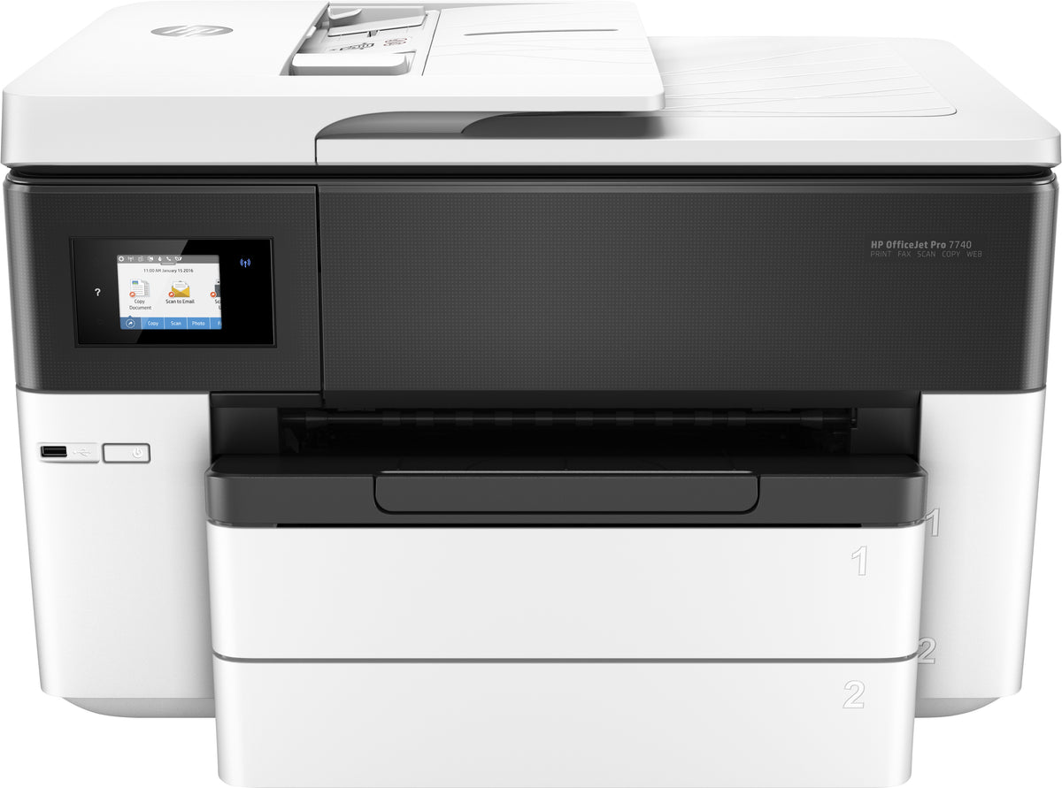 HP Officejet Pro 7740 All-in-One - Impresora multifunción - Color - Inyección de tinta - A3/Doble carta (297 x 432 mm) (original) - A3 (soportes) - hasta 18 ppm (copia) - hasta 22 ppm (impresión) - 250 hojas - 33,6 Kbps - USB 2.0, LAN, Wi-Fi(n), host USB