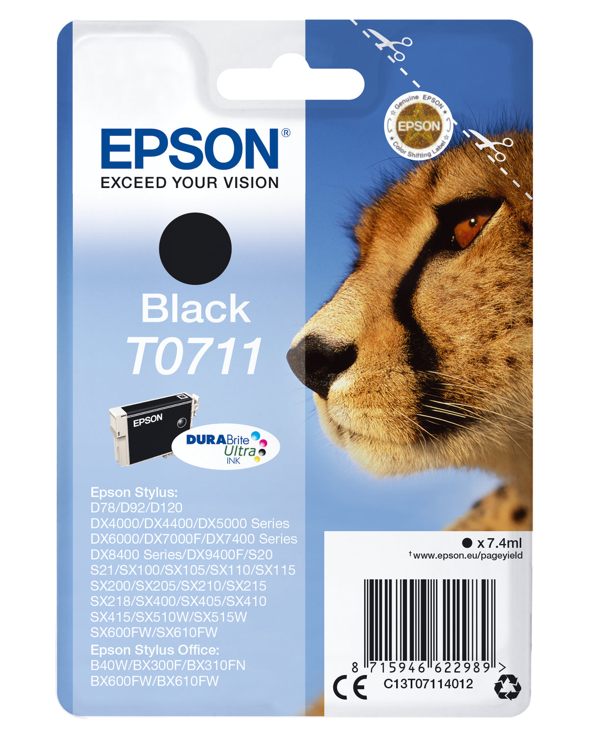 Epson T0711 - 7 ml - negro - original - cartucho de tinta - para Stylus DX9400, SX115, SX210, SX215, SX218, SX415, SX515, SX610, Stylus Office BX310, BX610