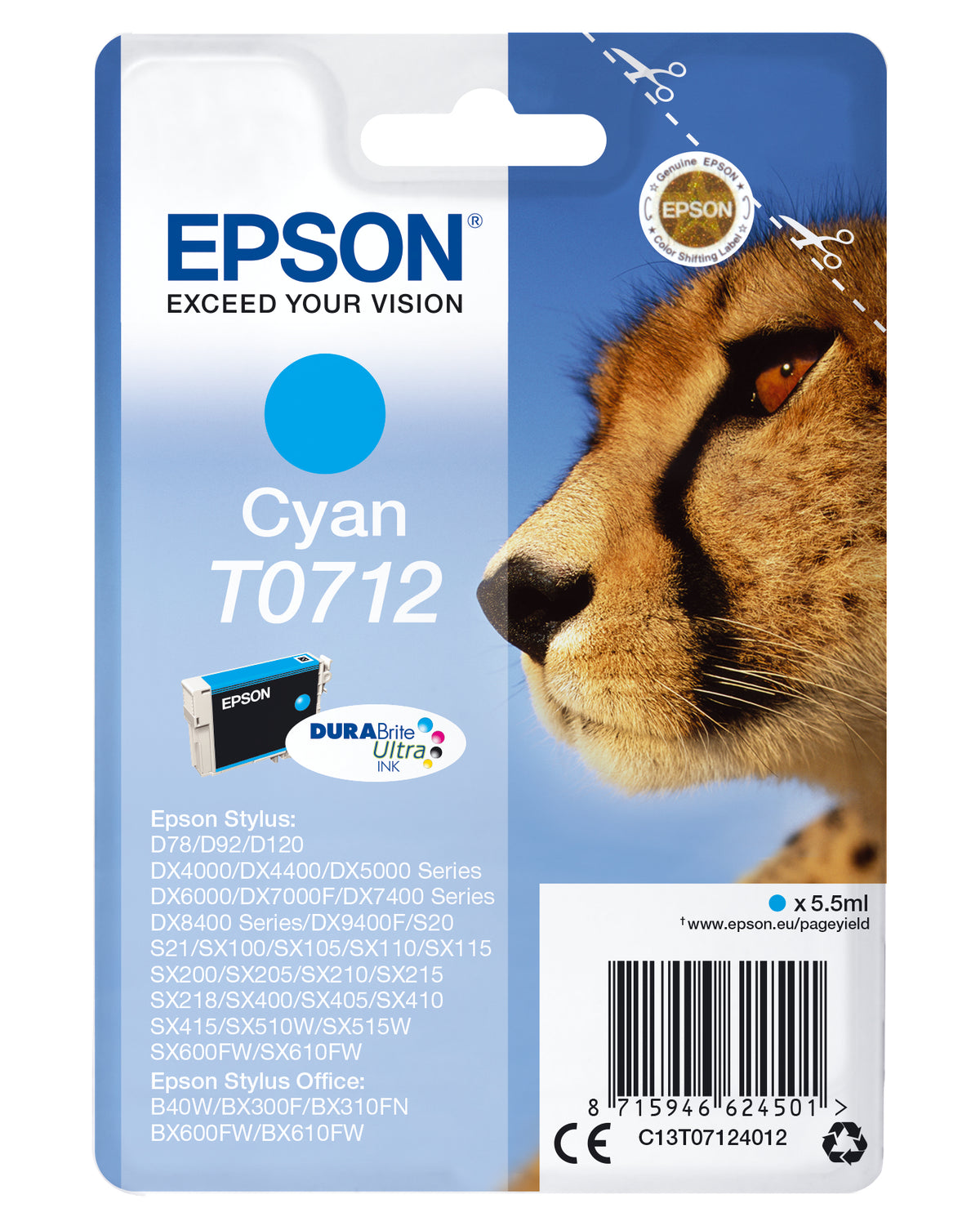 Epson T0712 - 5,5 ml - azul cian - original - cartucho de tinta - para Stylus DX9400, SX115, SX210, SX215, SX218, SX415, SX515, SX610, Stylus Office BX310, BX610