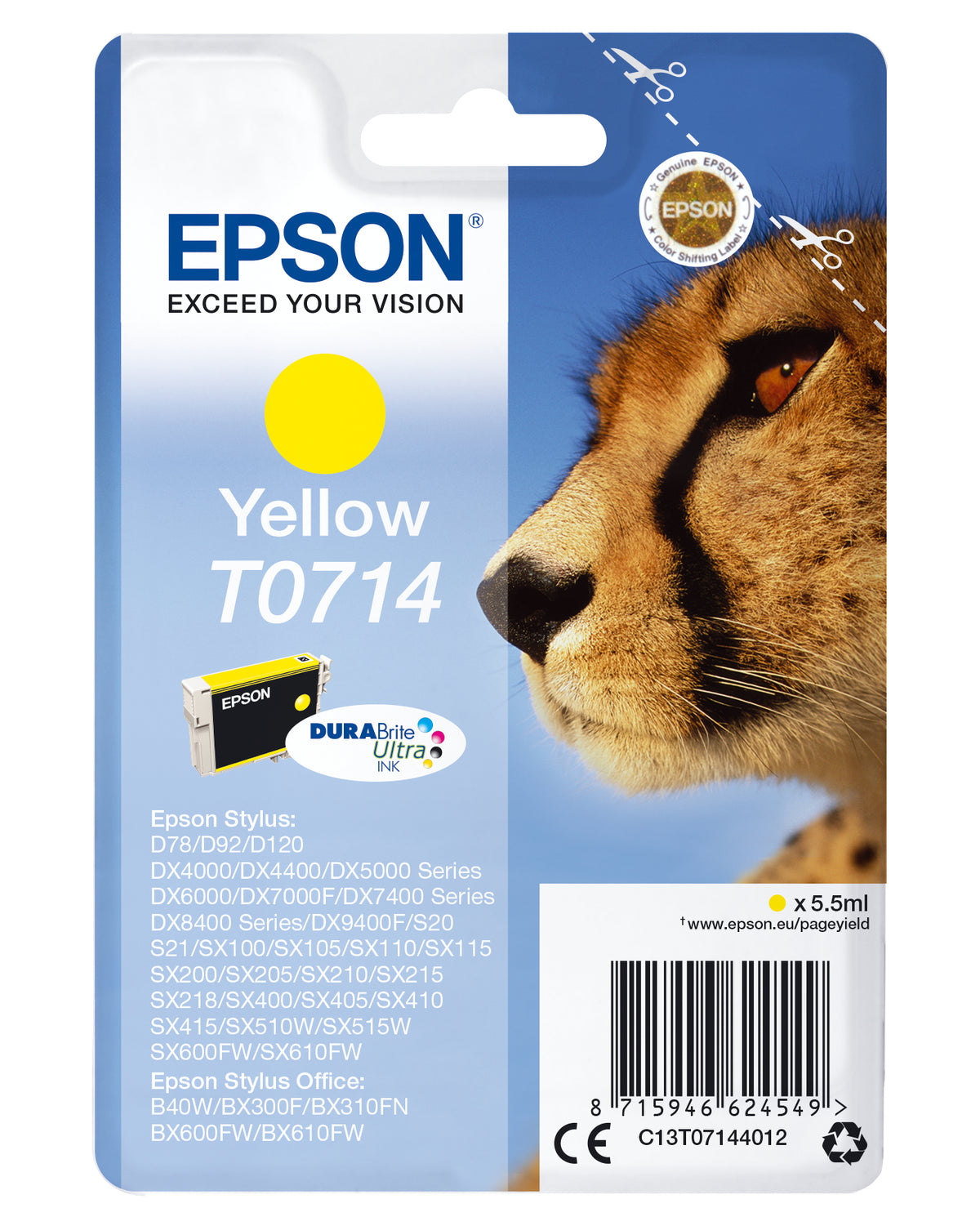 Epson T0714 - 5,5 ml - amarillo - original - cartucho de tinta - para Stylus DX9400, SX115, SX210, SX215, SX218, SX415, SX515, SX610, Stylus Office BX310, BX610