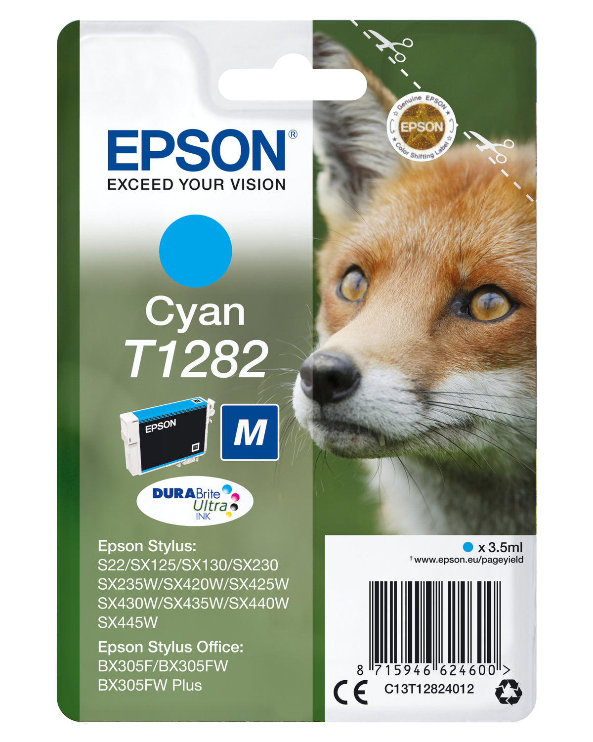 Epson T1282 - 3,5 ml - talla M - azul cian - original - blister - cartucho de tinta - para Stylus S22, SX130, SX230, SX235, SX430, SX435, SX438, SX440, SX445, Stylus Office BX305