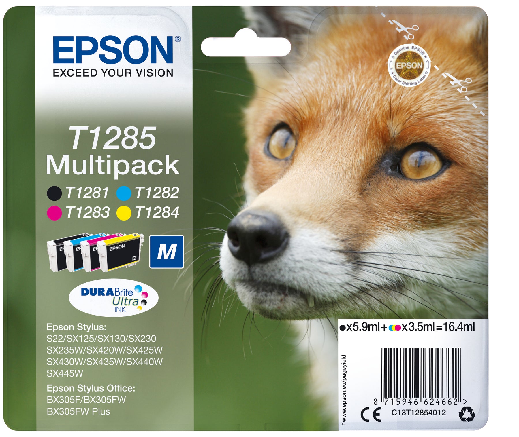 Epson T1285 Multipack - Pack de 4 - 16,4 ml - negro, amarillo, cian, magenta - original - cartucho de tinta - para Stylus S22, SX130, SX230, SX235, SX430, SX435, SX438, SX440, SX445, Stylus Office BX305