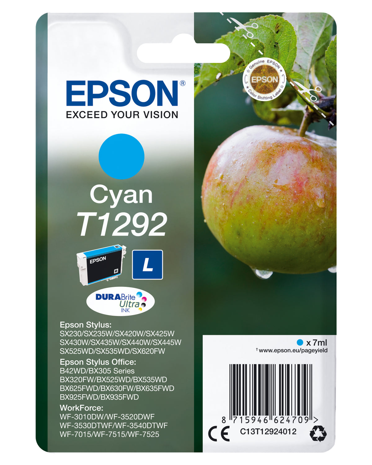 Epson T1292 - 7 ml - tamaño L - azul cian - original - blister - cartucho de tinta - para Stylus SX230, SX235, SX430, SX438, WorkForce WF-3010, 3520, 3530, 3540, 7015, 7515, 7525