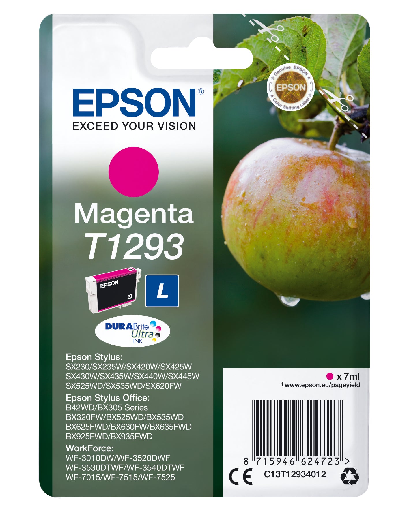 Epson T1293 - 7 ml - tamaño L - magenta - original - blister - cartucho de tinta - para Stylus SX230, SX235, SX430, SX438, WorkForce WF-3010, 3520, 3530, 3540, 7015, 7515, 7525