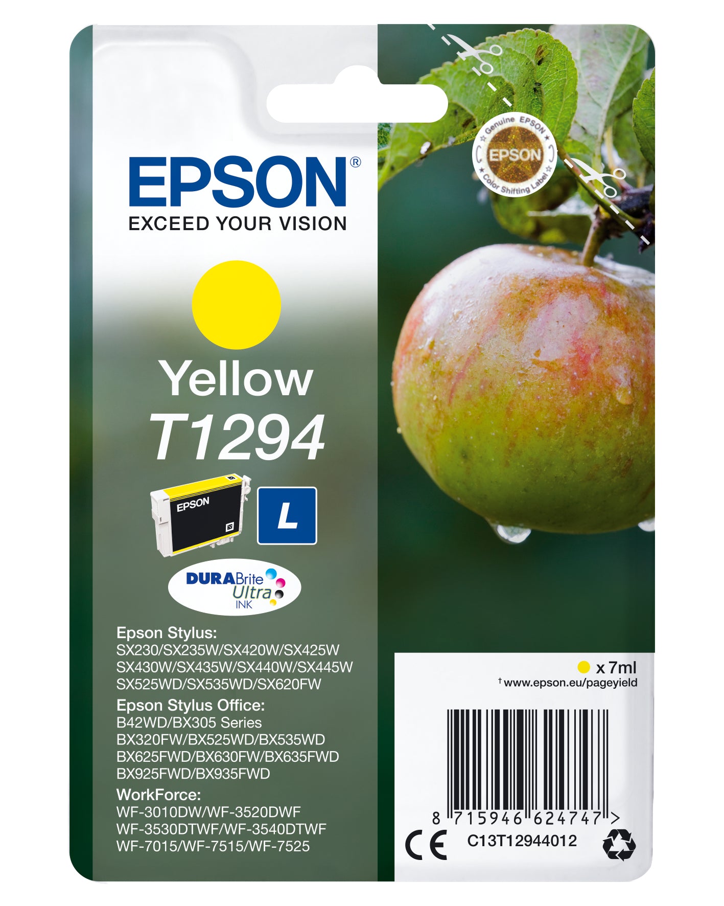 Epson T1294 - 7 ml - tamaño L - amarillo - original - blister - cartucho de tinta - para Stylus SX230, SX235, SX430, SX438, WorkForce WF-3010, 3520, 3530, 3540, 7015, 7515, 7525