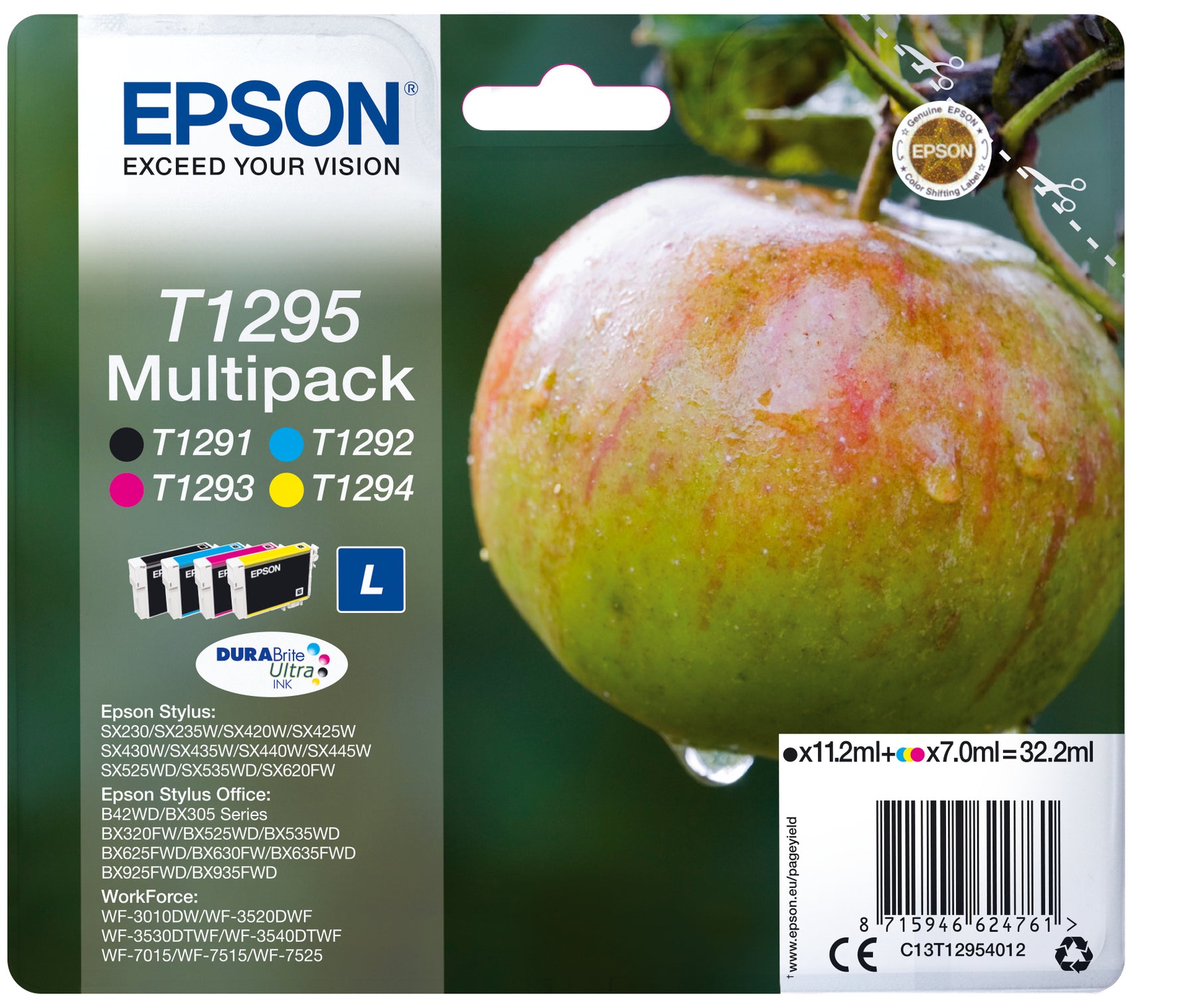 Epson T1295 Multipack - Pack de 4 - 32,2 ml - tamaño L - negro, amarillo, cian, magenta - original - cartucho de tinta - para Stylus SX230, SX235, SX430, SX438, WorkForce WF-3010, 3520, 3530, 3540, 7015, 7515, 7525