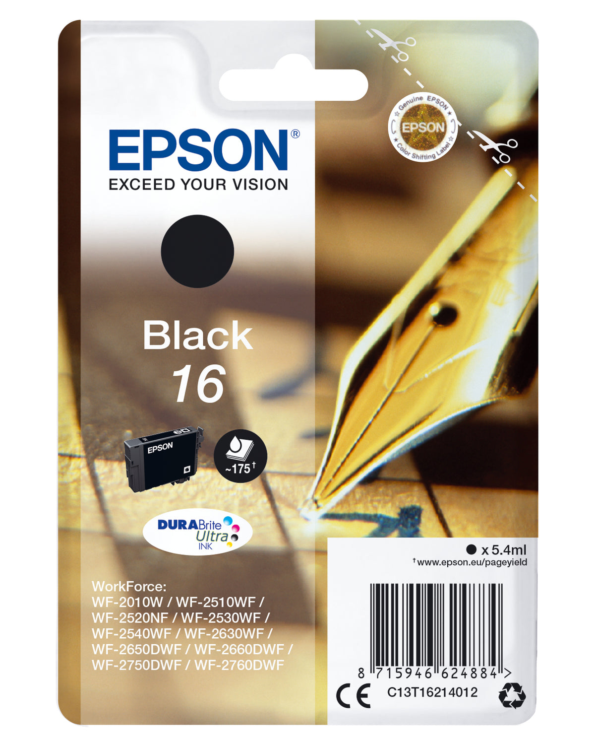 Epson 16 - 5,4 ml - negro - original - cartucho de tinta - para WorkForce WF-2010, 2510, 2520, 2530, 2540, 2630, 2650, 2660, 2750, 2760