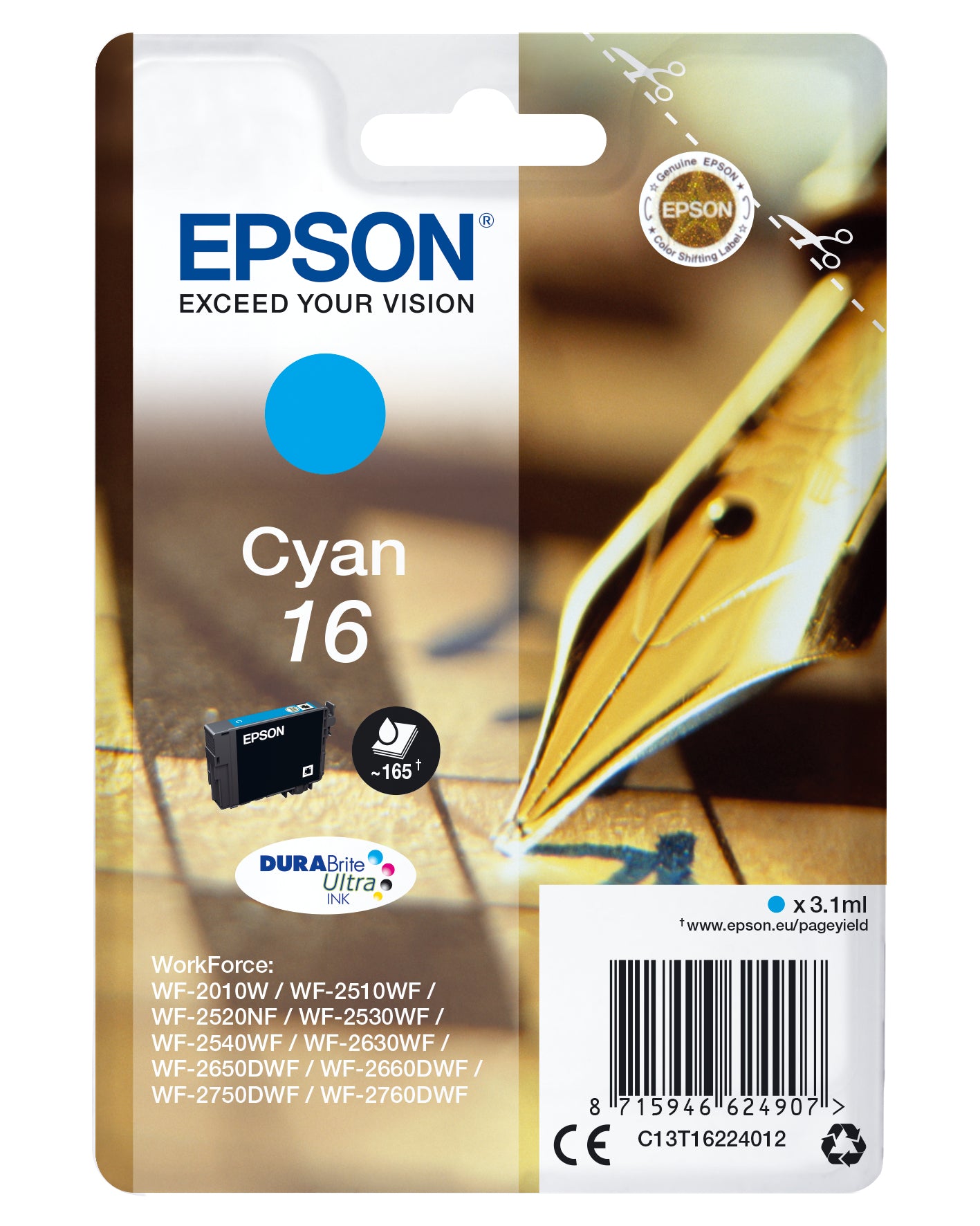 Epson 16 - 3.1 ml - cyan blue - original - ink cartridge - for WorkForce WF-2010, 2510, 2520, 2530, 2540, 2630, 2650, 2660, 2750, 2760