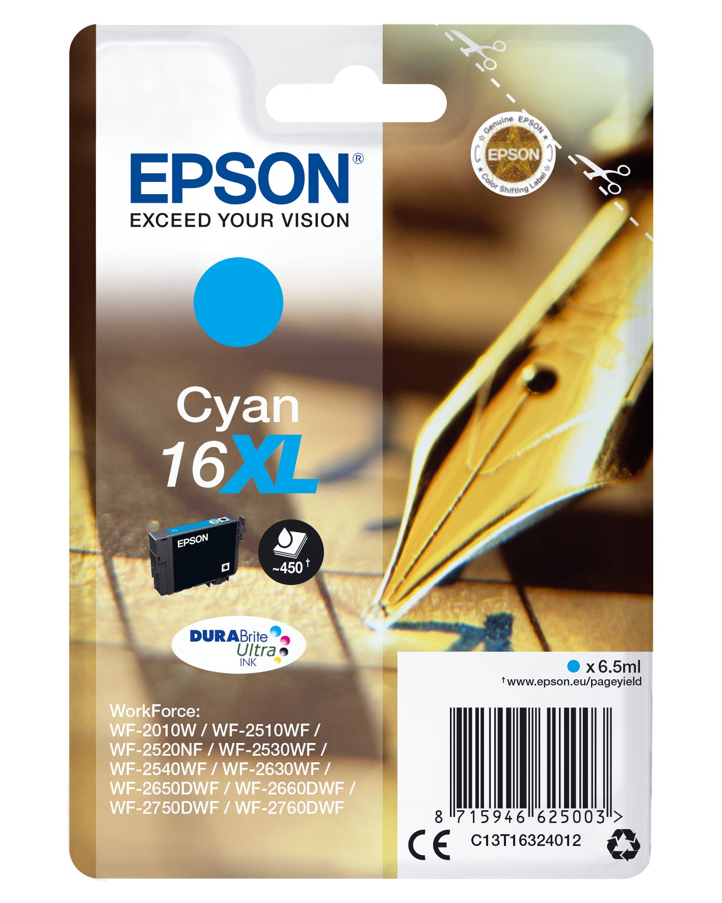 Epson 16XL - 6,5 ml - XL - azul cian - original - blister - cartucho de tinta - para WorkForce WF-2010, 2510, 2520, 2530, 2540, 2630, 2650, 2660, 2750, 2760