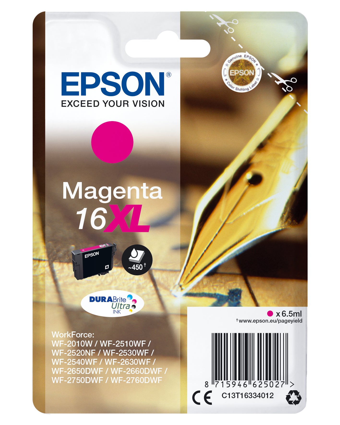 Epson 16XL - 6,5 ml - XL - magenta - original - blister - cartucho de tinta - para WorkForce WF-2010, 2510, 2520, 2530, 2540, 2630, 2650, 2660, 2750, 2760