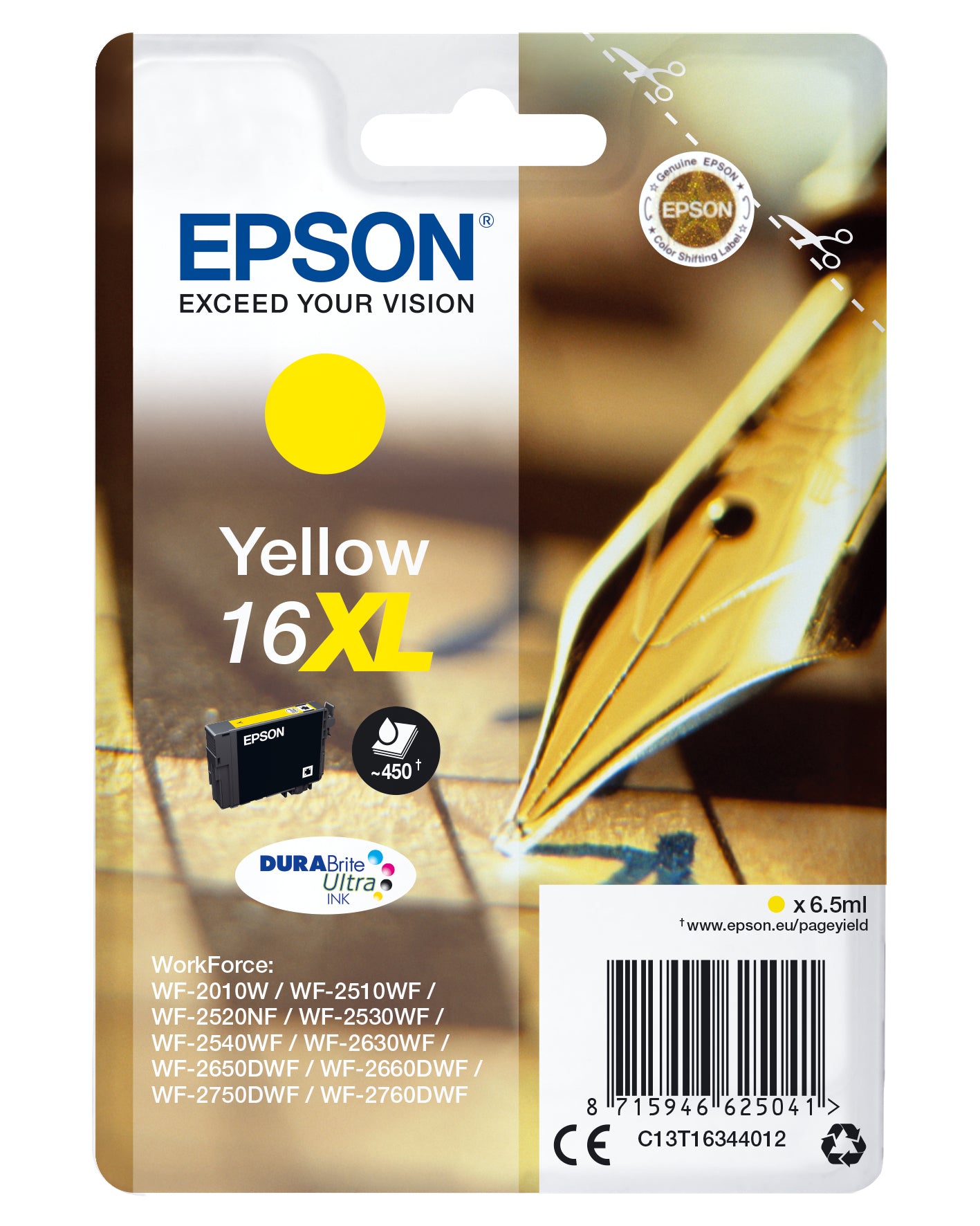 Epson 16XL - 6.5 ml - XL - amarelo - original - blister - tinteiro - para WorkForce WF-2010, 2510, 2520, 2530, 2540, 2630, 2650, 2660, 2750, 2760