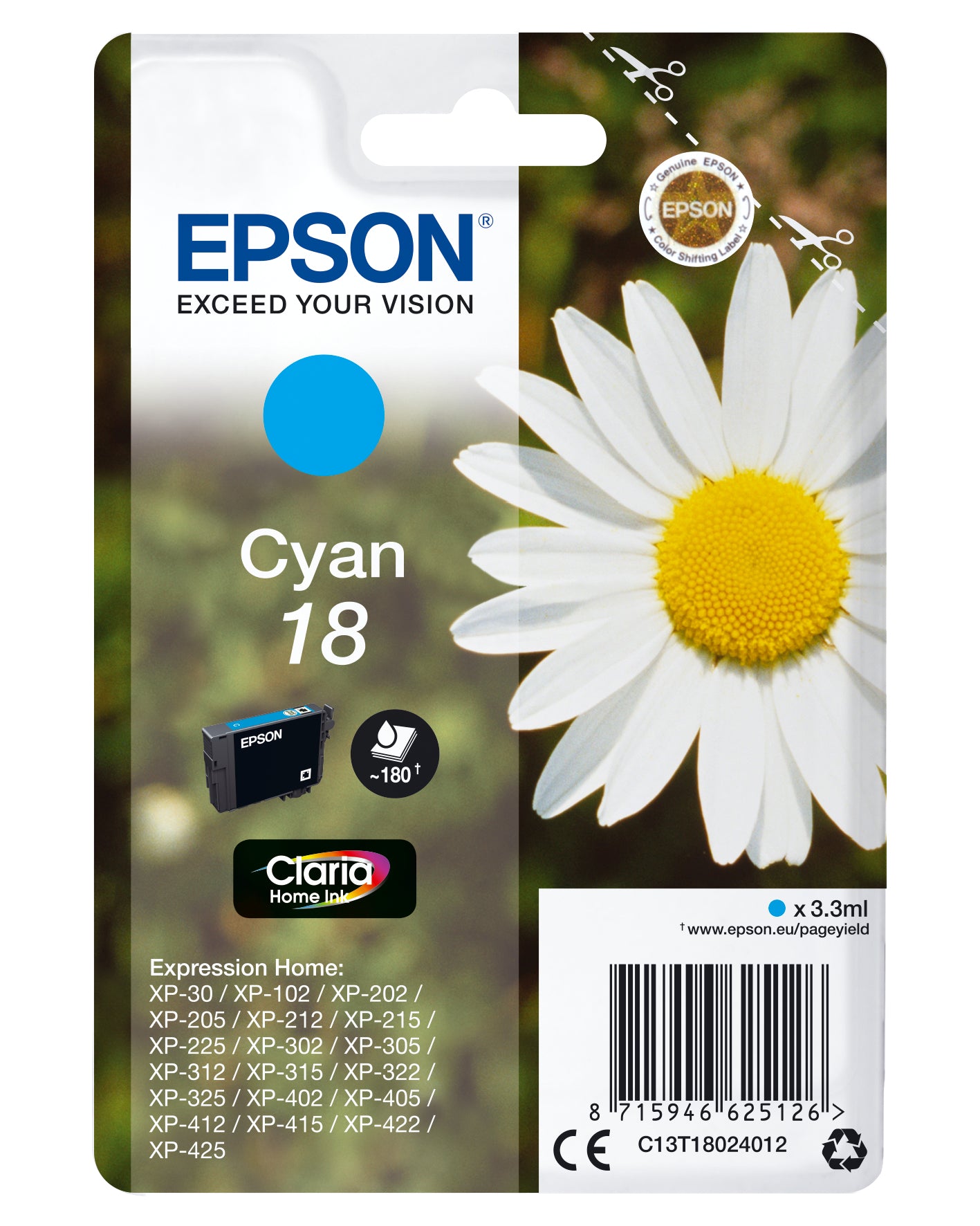 Epson 18 - 3,3 ml - azul cian - original - cartucho de tinta - para Expression Home XP-212, 215, 225, 312, 315, 322, 325, 412, 415, 422, 425