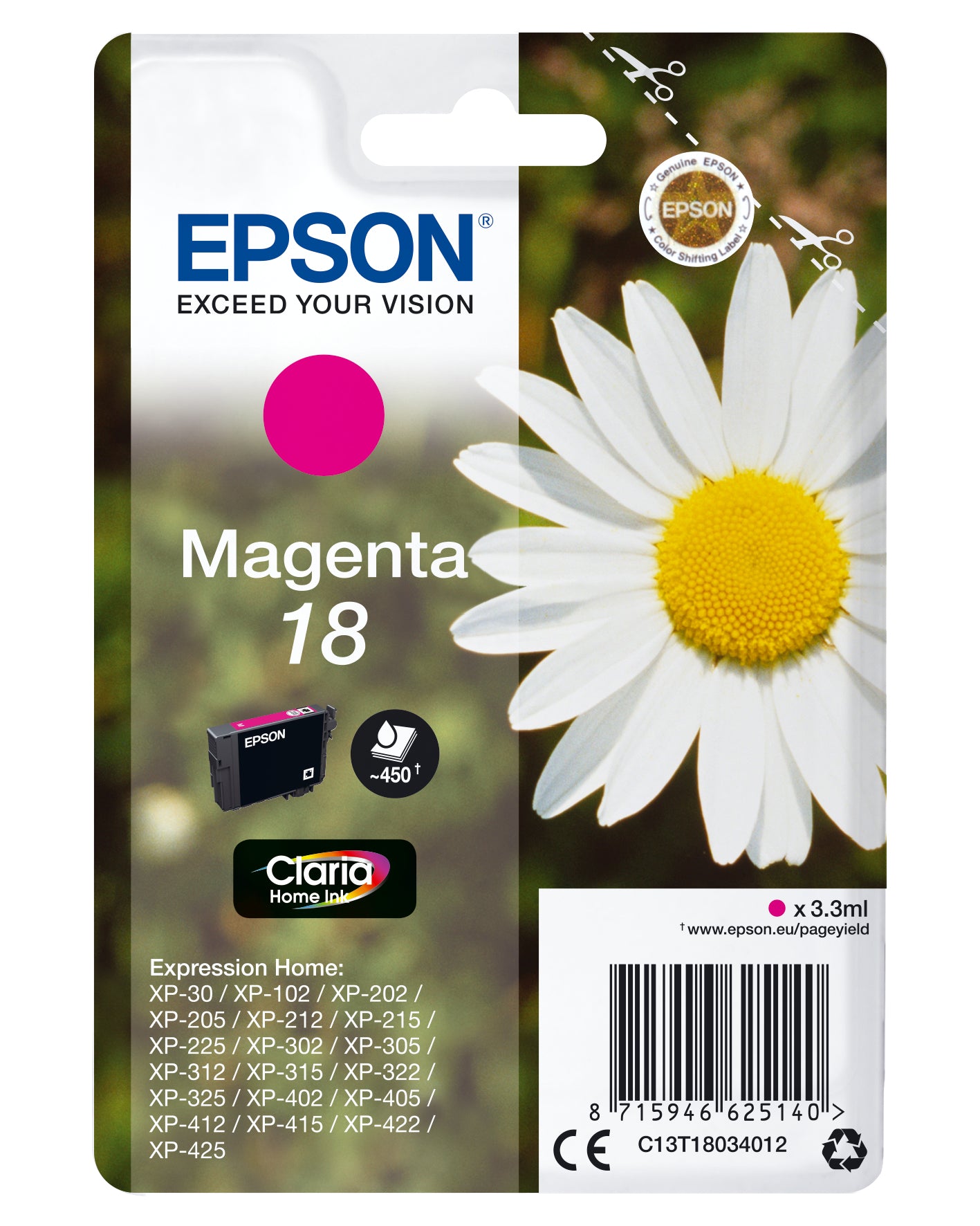 Epson 18 - 3,3 ml - magenta - original - cartucho de tinta - para Expression Home XP-212, 215, 225, 312, 315, 322, 325, 412, 415, 422, 425