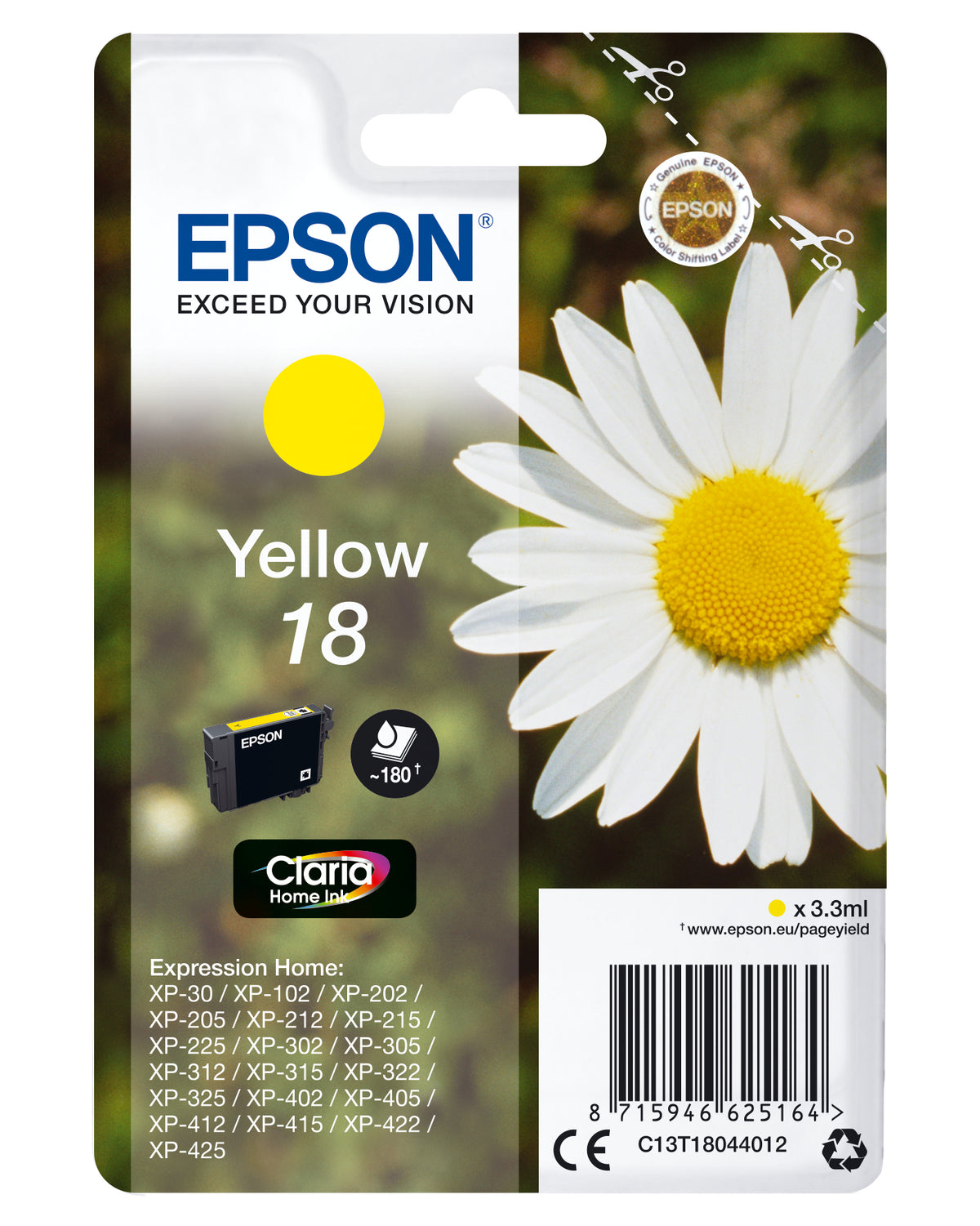 Epson 18 - 3,3 ml - amarillo - original - cartucho de tinta - para Expression Home XP-212, 215, 225, 312, 315, 322, 325, 412, 415, 422, 425