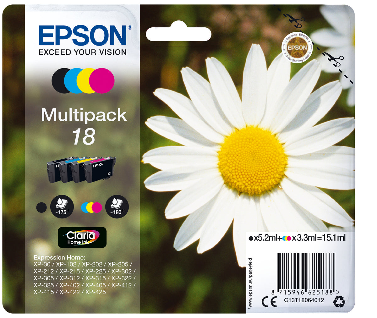 Epson 18 Multipack - Pack de 4 - 15,1 ml - negro, amarillo, cian, magenta - original - cartucho de tinta - para Expression Home XP-212, 215, 225, 312, 315, 322, 325, 412, 415, 422, 425