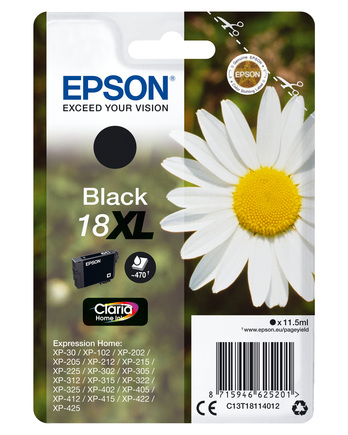 Epson 18XL - 11,5 ml - XL - negro - original - cartucho de tinta - para Expression Home XP-212, 215, 225, 312, 315, 322, 325, 412, 415, 422, 425