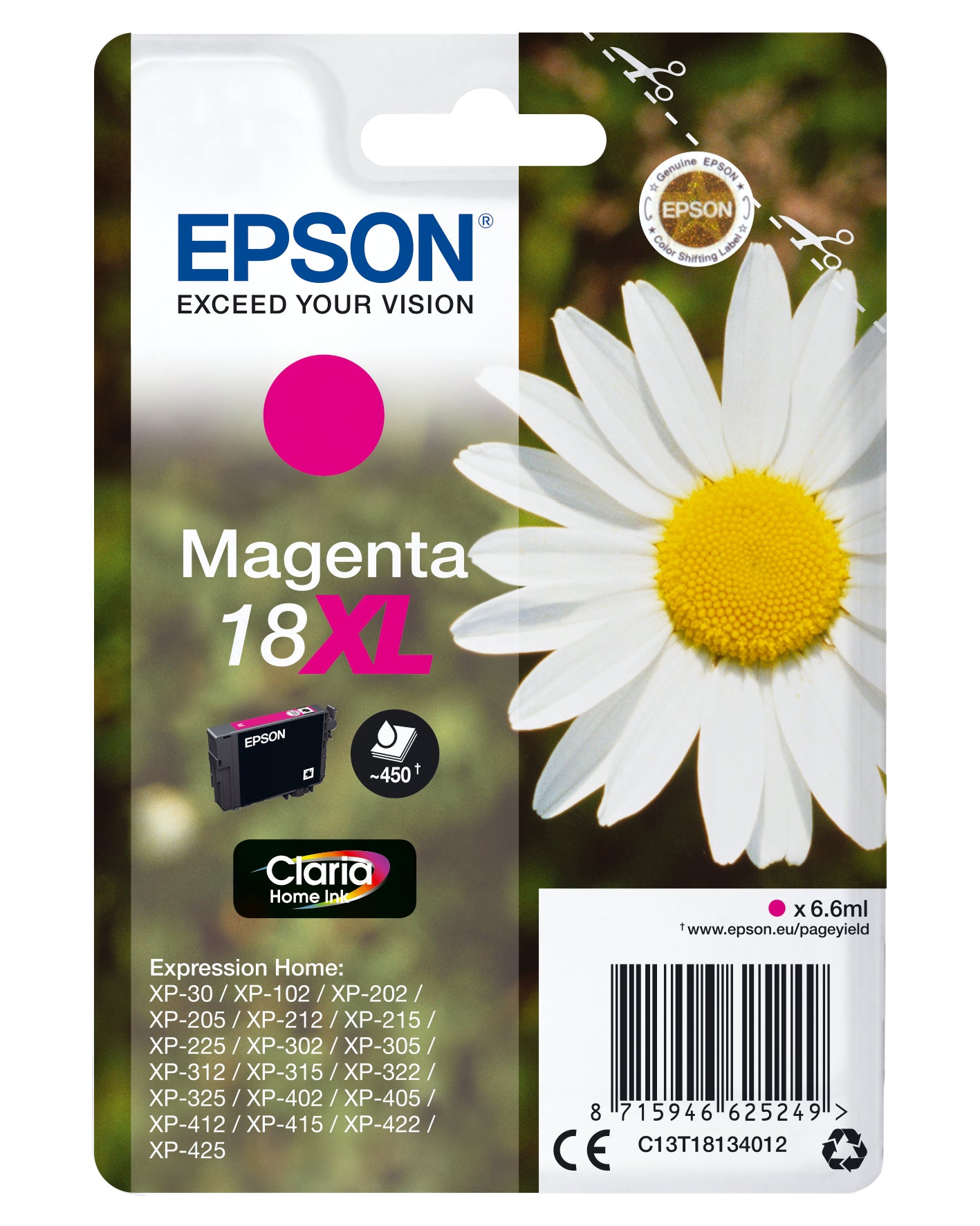 Epson 18XL - 6.6 ml - XL - magenta - original - tinteiro - para Expression Home XP-212, 215, 225, 312, 315, 322, 325, 412, 415, 422, 425