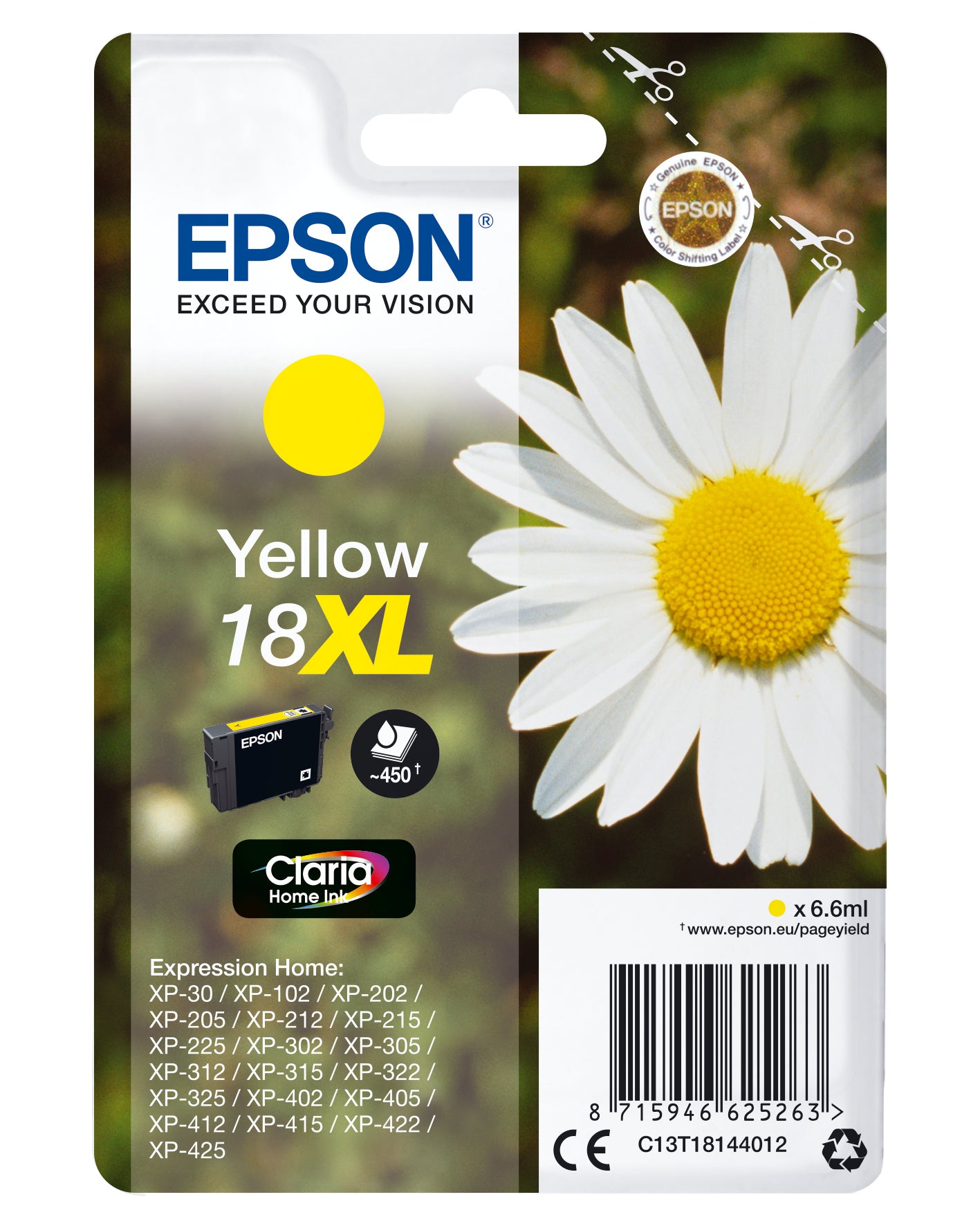 Epson 18XL - 6.6 ml - XL - yellow - original - ink cartridge - for Expression Home XP-212, 215, 225, 312, 315, 322, 325, 412, 415, 422, 425