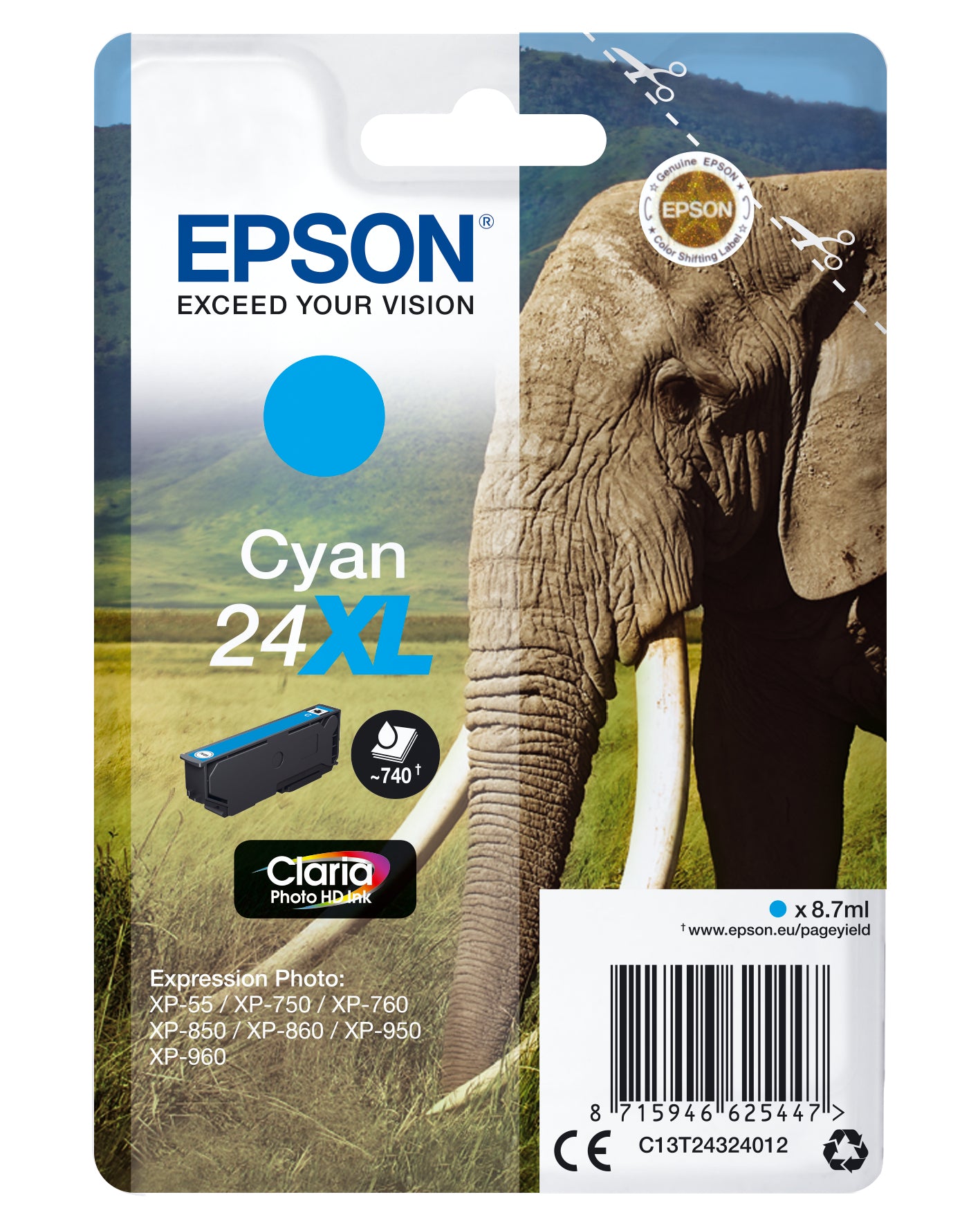 Epson 24XL - 8.7 ml - XL - azul cyan - original - tinteiro - para Expression Photo XP-55, 750, 760, 850, 860, 950, 960, 970, Expression Premium XP-750, 850