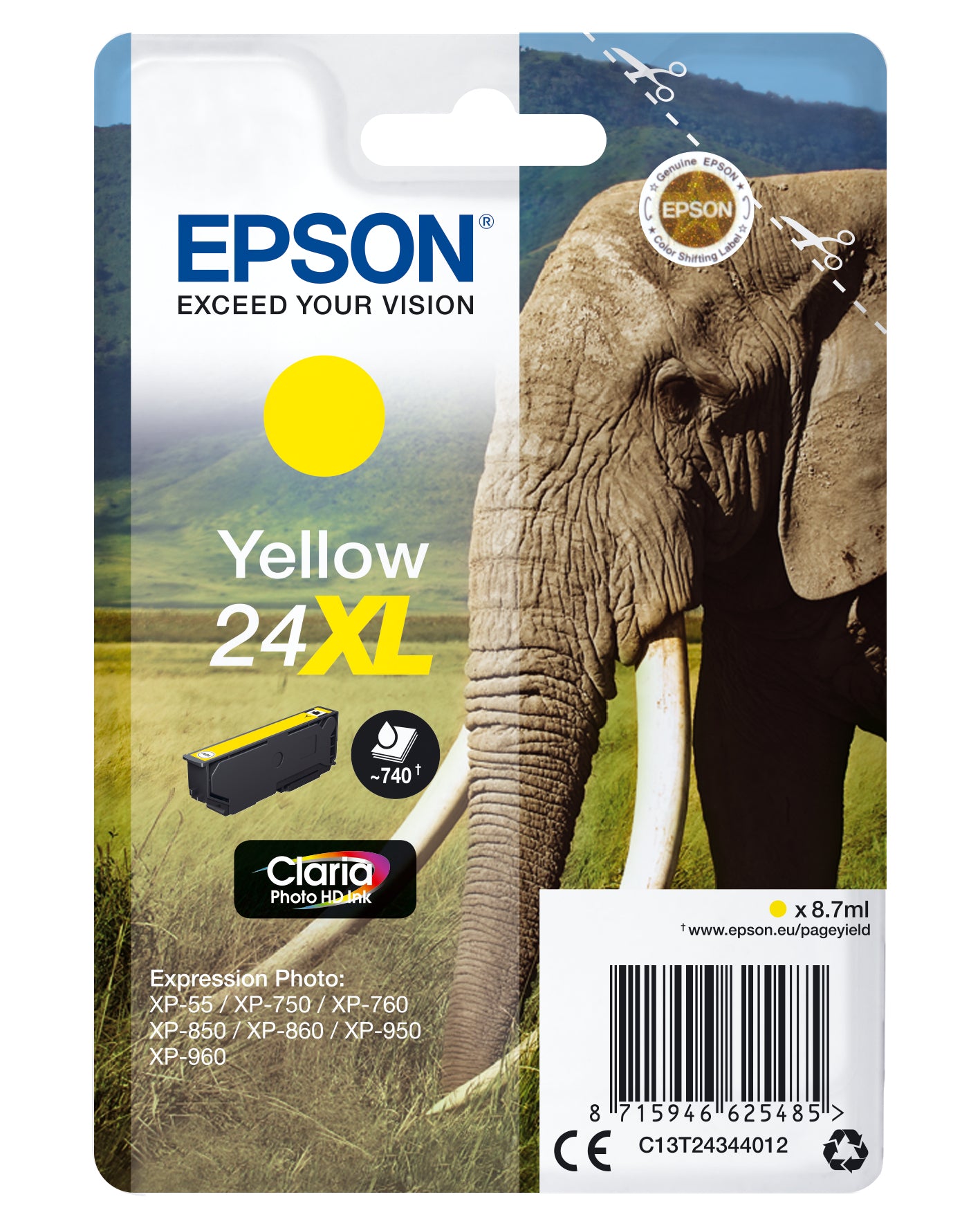 Epson 24XL - 8,7 ml - XL - amarillo - original - cartucho de tinta - para Expression Photo XP-55, 750, 760, 850, 860, 950, 960, 970, Expression Premium XP-750, 850