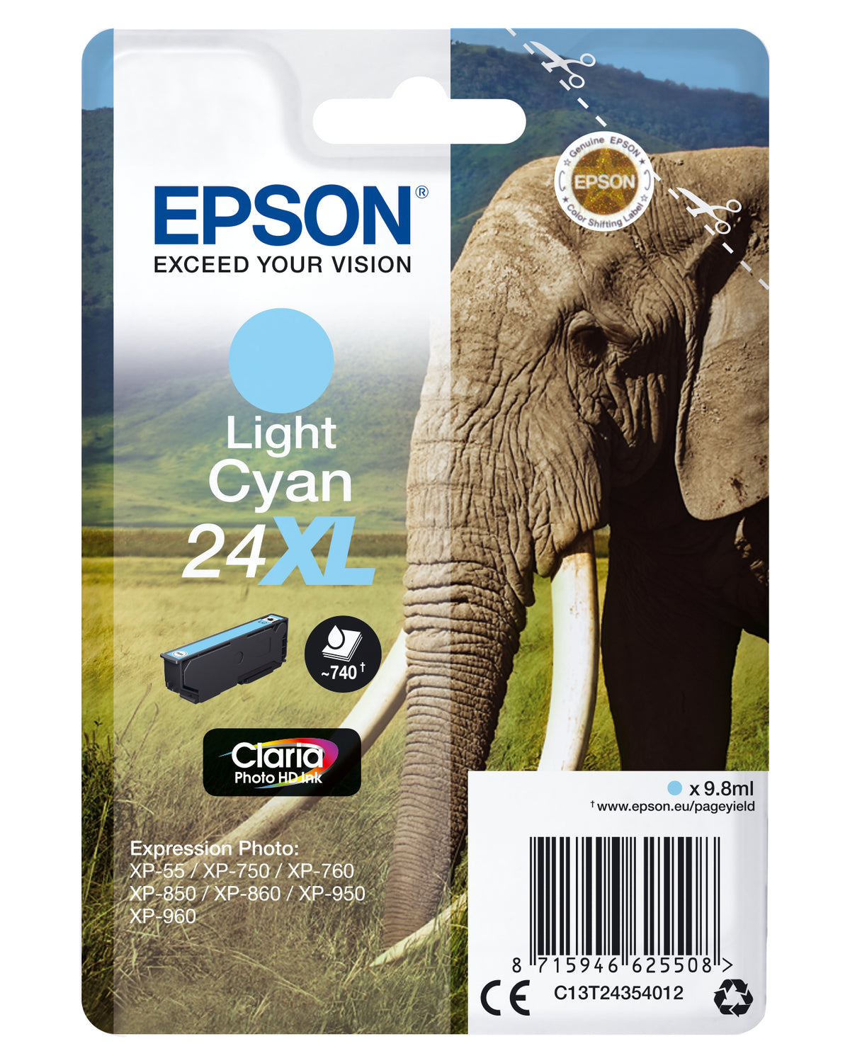 Epson 24XL - 9,8 ml - XL - cian - original - cartucho de tinta - para Expression Photo XP-55, 750, 760, 850, 860, 950, 960, 970, Expression Premium XP-750, 850