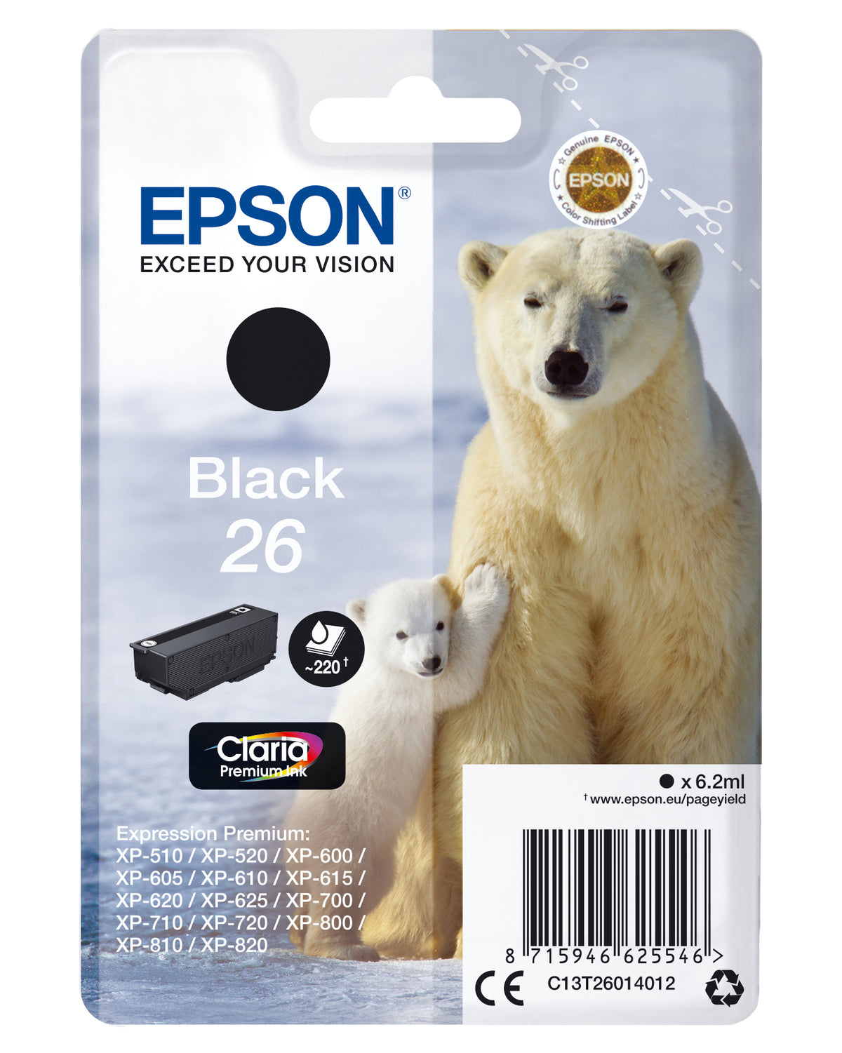 Epson 26 - 6,2 ml - negro - original - cartucho de tinta - para Expression Premium XP-510, 520, 600, 605, 610, 615, 620, 625, 700, 710, 720, 800, 810, 820