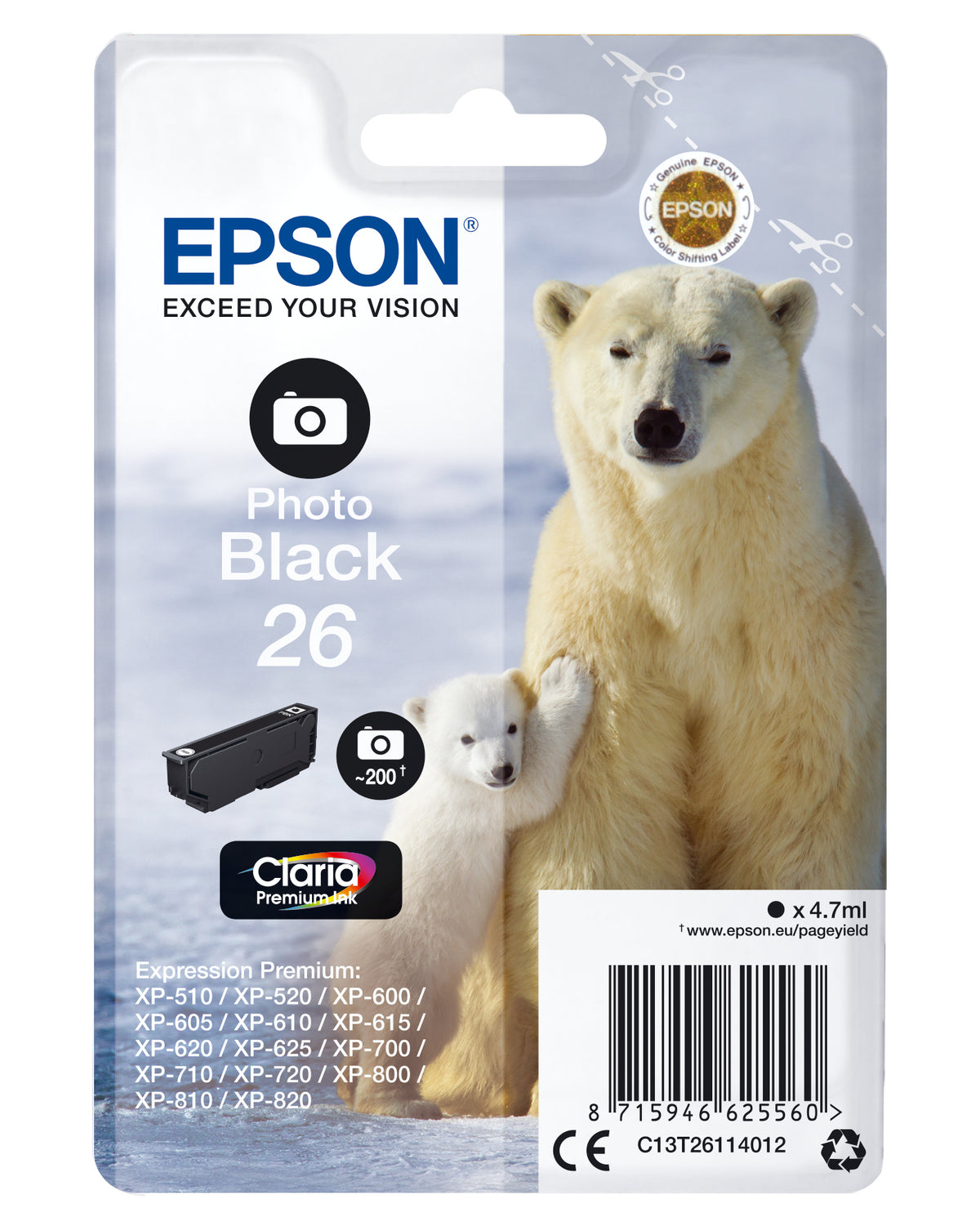 Epson 26 - 4,7 ml - negro foto - original - blister - cartucho de tinta - para Expression Premium XP-510, 520, 600, 605, 610, 615, 620, 625, 700, 710, 720, 800, 810, 820