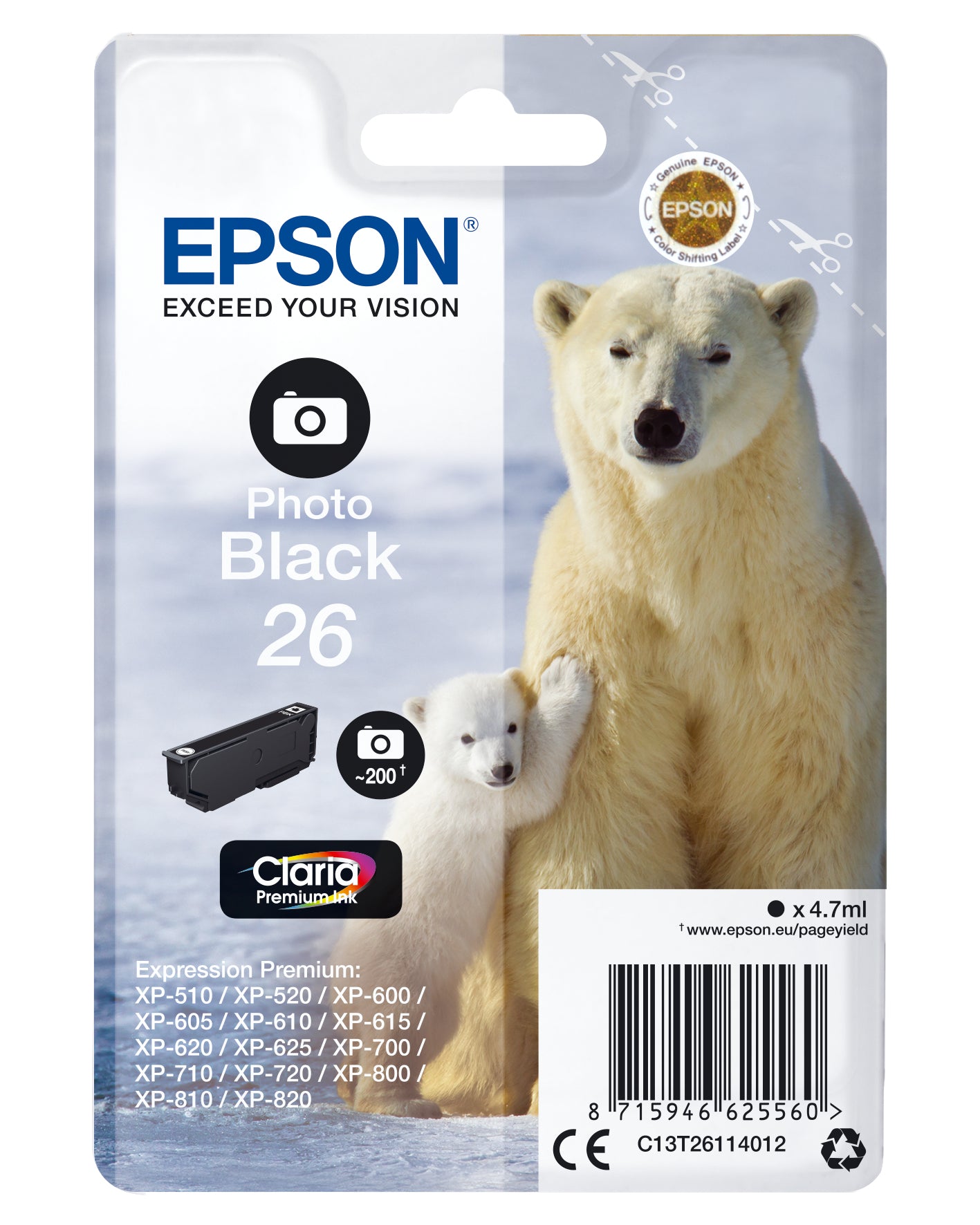 Epson 26 - 4.7 ml - black photo - original - blister pack - ink cartridge - for Expression Premium XP-510, 520, 600, 605, 610, 615, 620, 625, 700, 710, 720, 800, 810, 820