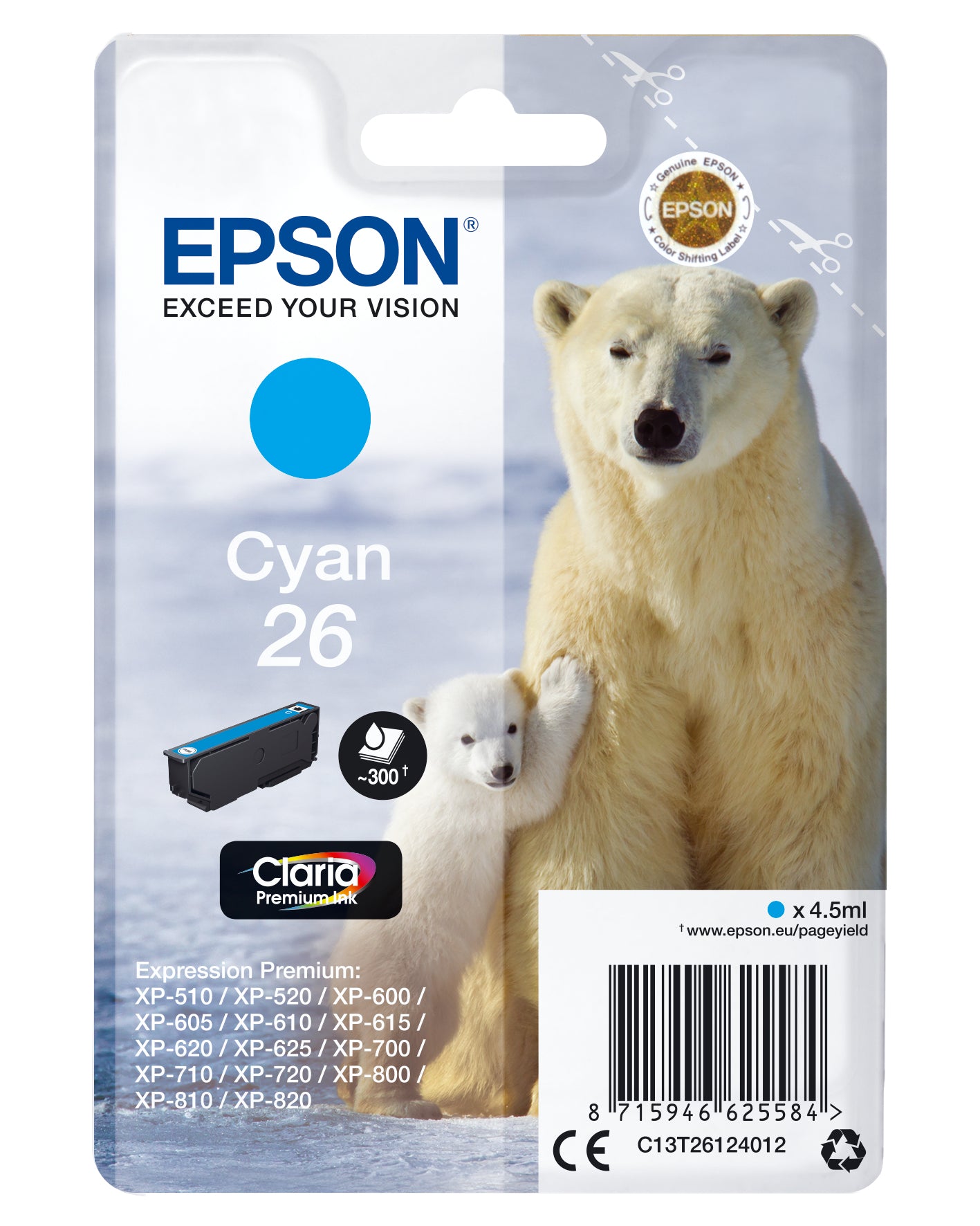 Epson 26 - 4,5 ml - azul cian - original - blister - cartucho de tinta - para Expression Premium XP-510, 520, 600, 605, 610, 615, 620, 625, 700, 710, 720, 800, 810, 820