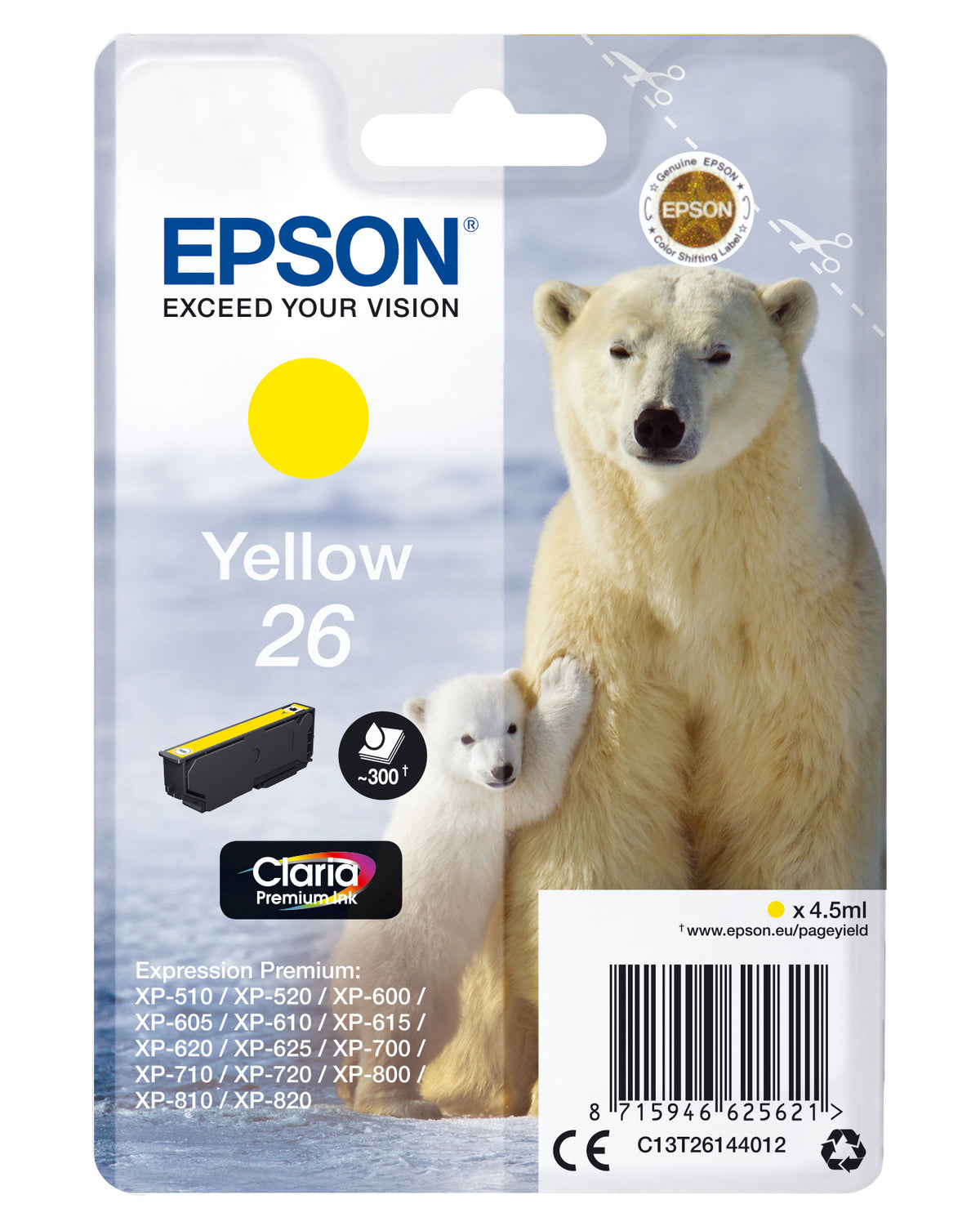 Epson 26 - 4,5 ml - amarillo - original - blister - cartucho de tinta - para Expression Premium XP-510, 520, 600, 605, 610, 615, 620, 625, 700, 710, 720, 800, 810, 820