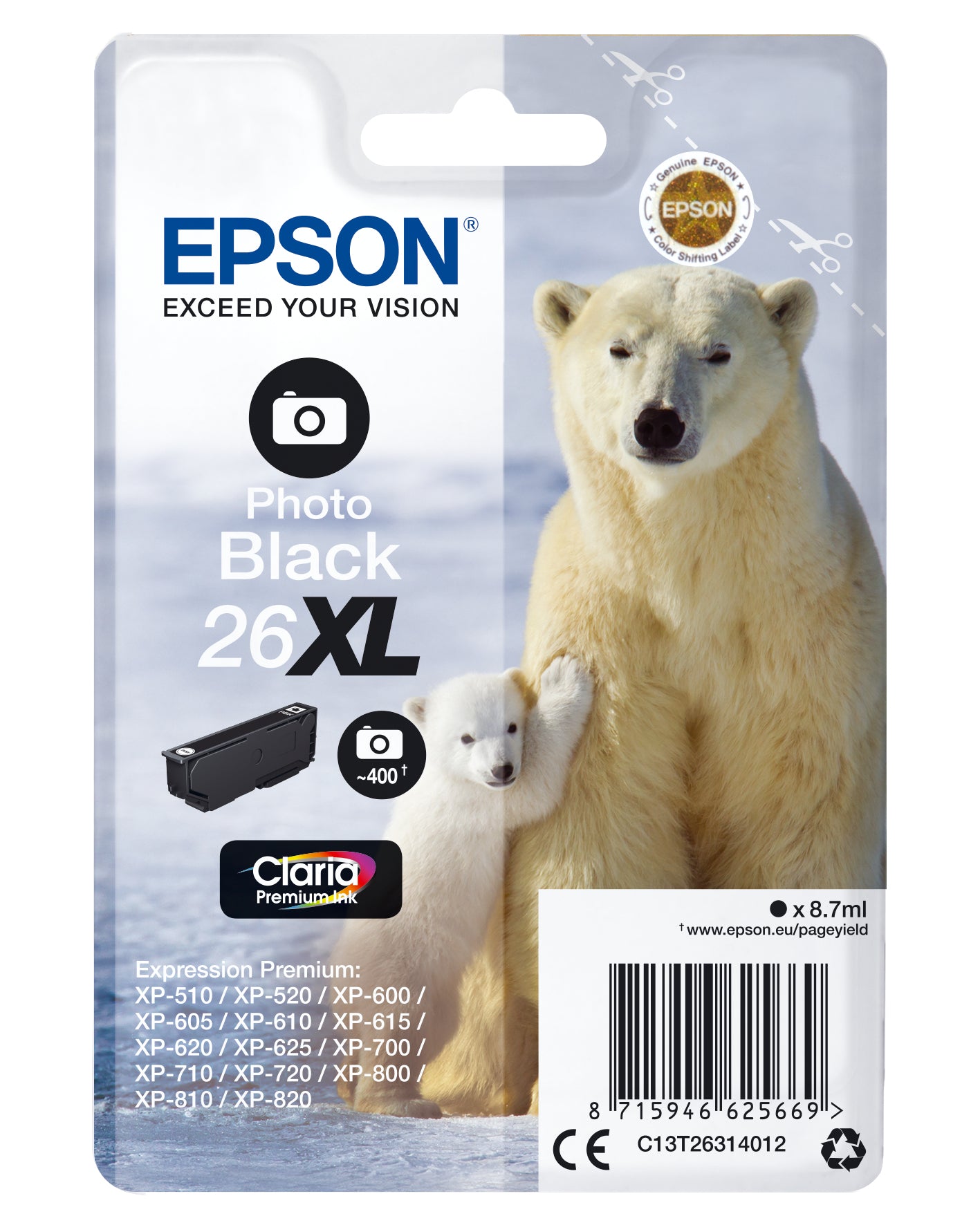 Epson 26XL - 8.7 ml - XL - black photo - original - blister - ink cartridge - for Expression Premium XP-510, 520, 600, 605, 610, 615, 620, 625, 700, 710, 720, 800, 810, 820