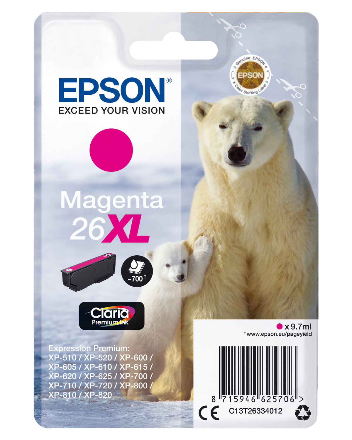 Epson 26XL - 8,7 ml - XL - magenta - original - blister - cartucho de tinta - para Expression Premium XP-510, 520, 600, 605, 610, 615, 620, 625, 700, 710, 720, 800, 810, 820