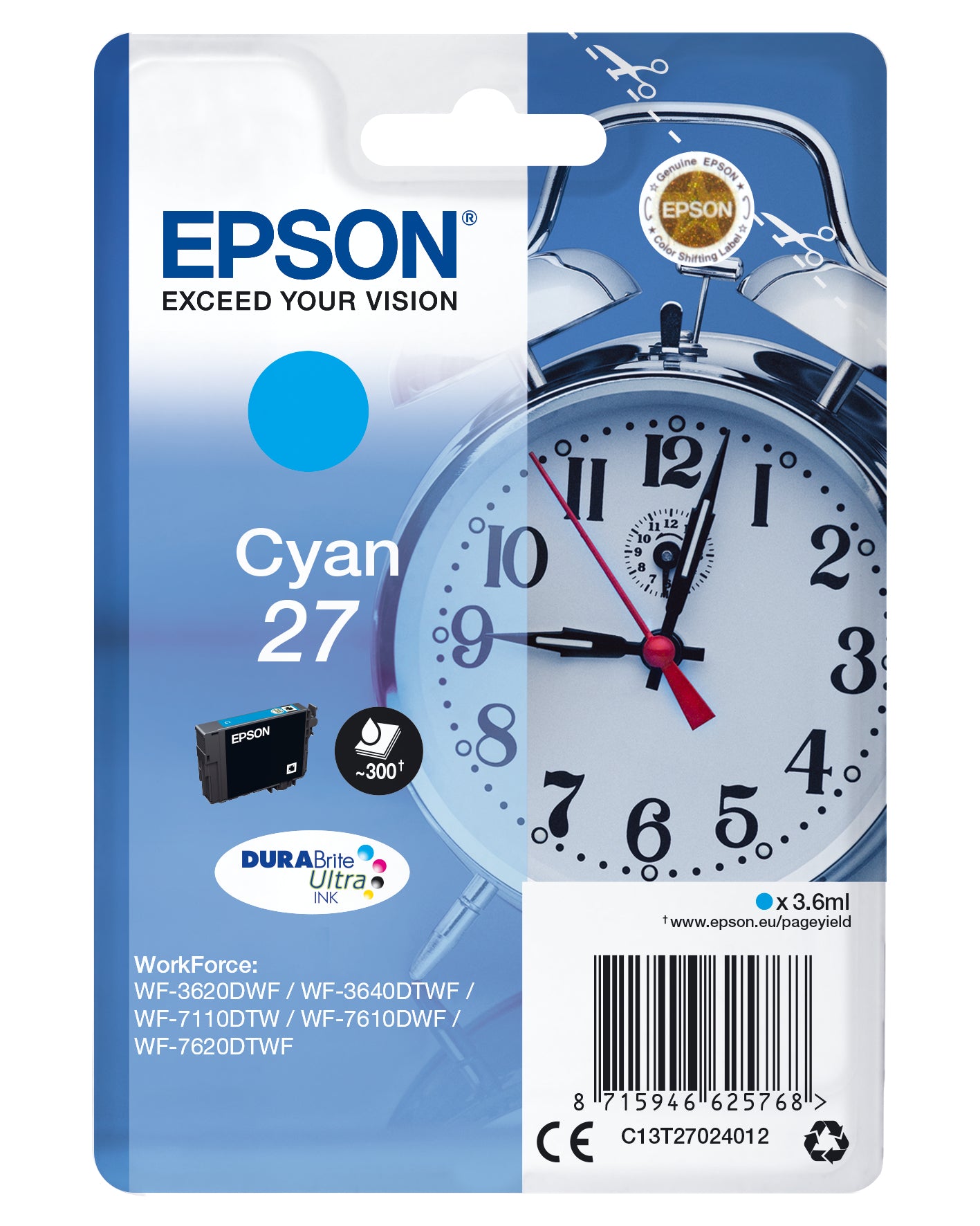 Epson 27 - 3,6 ml - azul cian - original - cartucho de tinta - para WorkForce WF-3620, WF-3640, WF-7110, WF-7210, WF-7610, WF-7620, WF-7710, WF-7715, WF- 7720