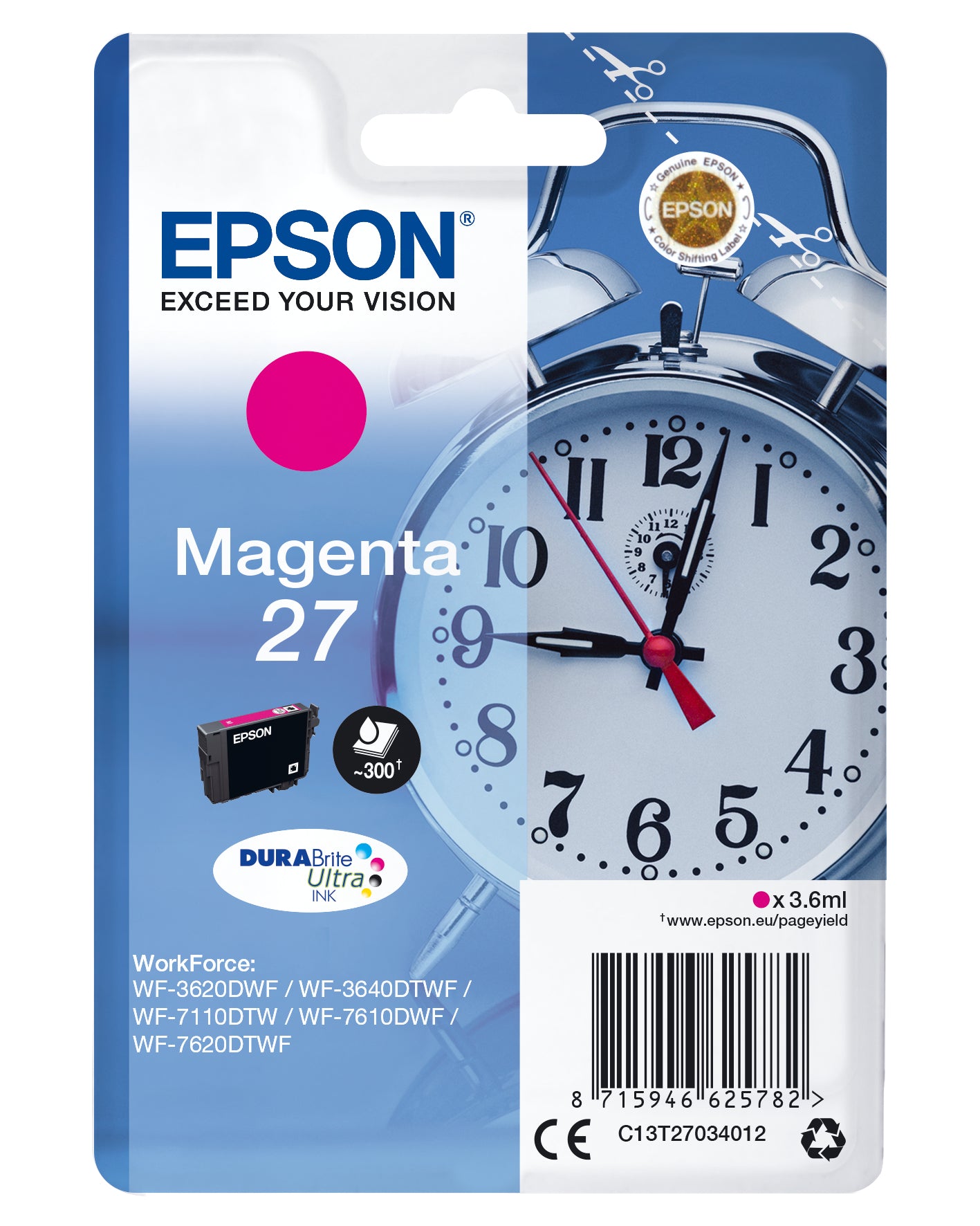 Epson 27 - 3,6 ml - magenta - original - cartucho de tinta - para WorkForce WF-3620, WF-3640, WF-7110, WF-7210, WF-7610, WF-7620, WF-7710, WF-7715, WF-7720