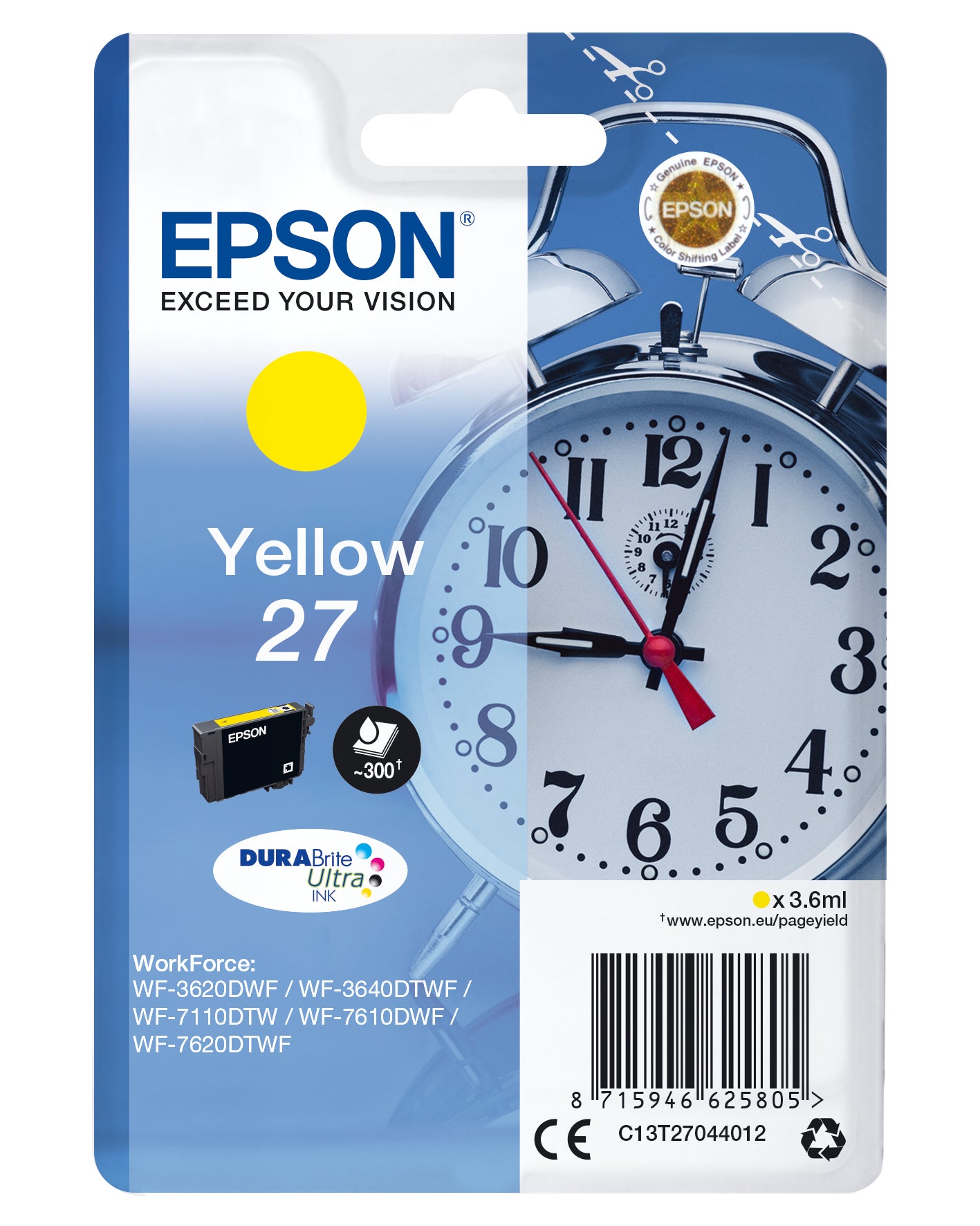 Epson 27 - 3.6 ml - yellow - original - ink cartridge - for WorkForce WF-3620, WF-3640, WF-7110, WF-7210, WF-7610, WF-7620, WF-7710, WF-7715, WF-7720