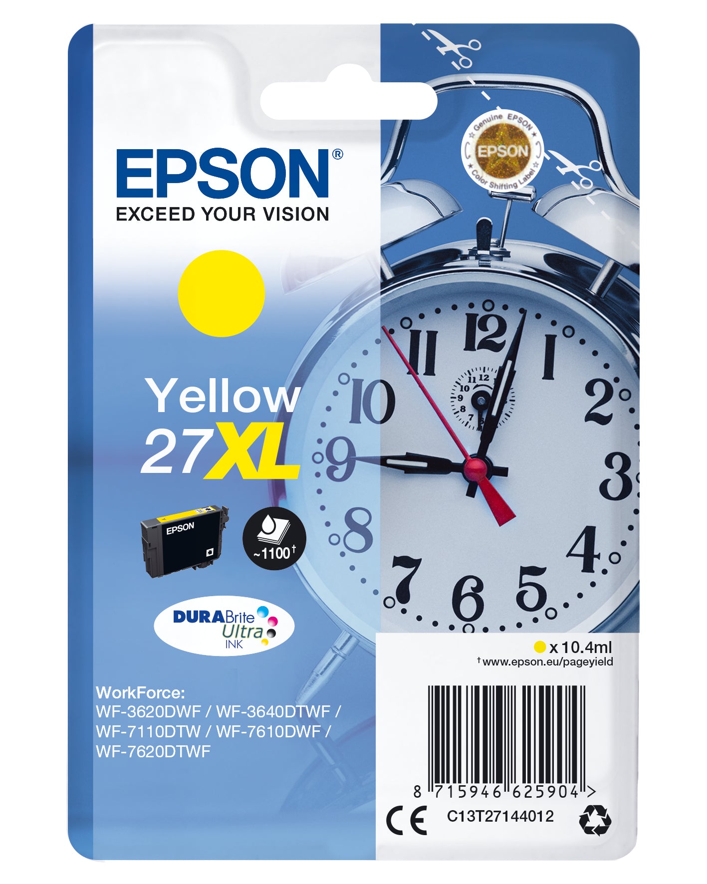 Epson 27XL - 10.4 ml - XL - yellow - original - ink cartridge - for WorkForce WF-3620, WF-3640, WF-7110, WF-7210, WF-7610, WF-7620, WF-7710, WF-7715, WF- 7720