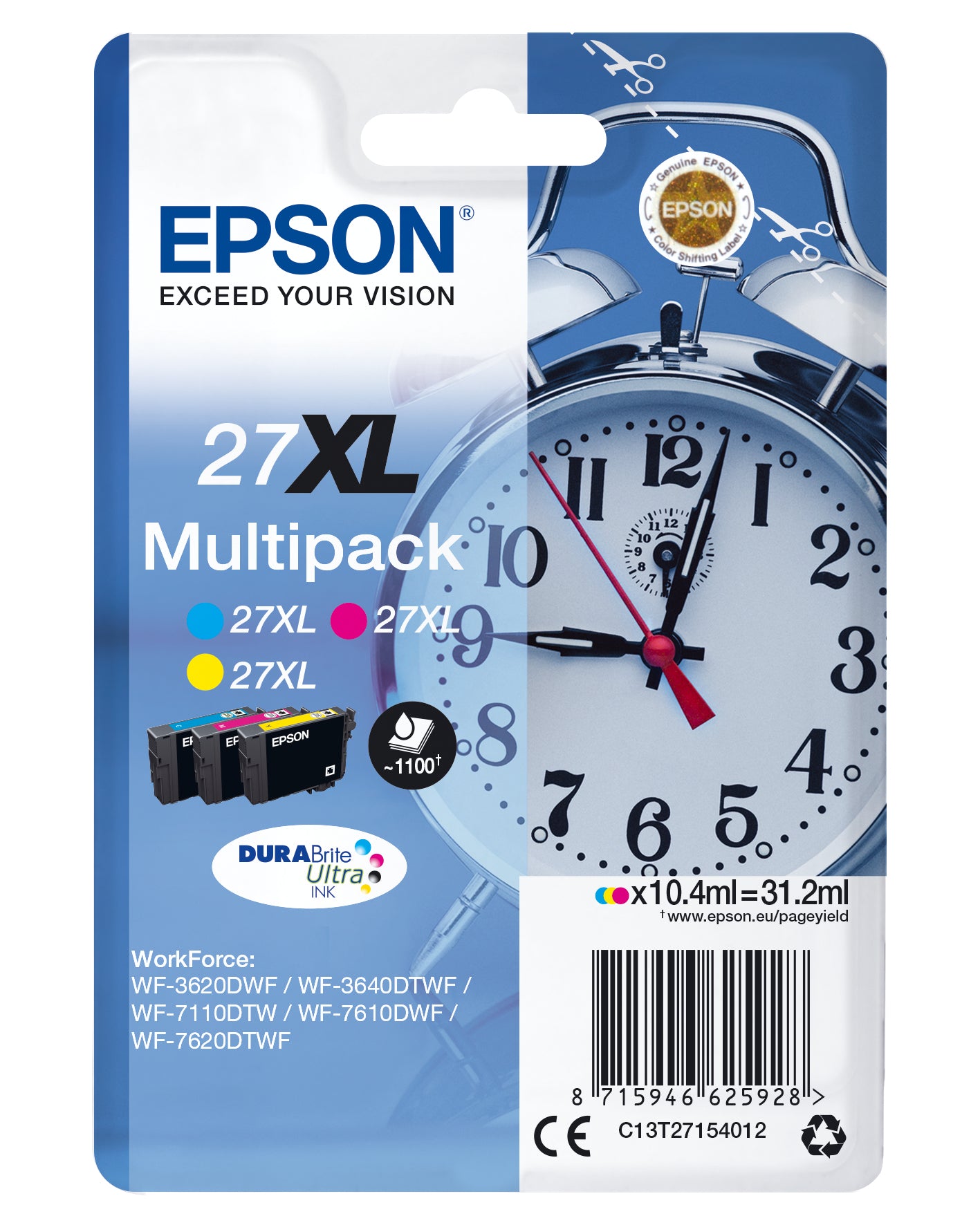 Epson 27XL Multipack - Pack de 3 - 31,2 ml - XL - amarillo, cian, magenta - original - cartucho de tinta - para WorkForce WF-3620, WF-3640, WF-7110, WF-7210, WF-7610, WF-7620, WF-7710, WF-7715, WF-7720