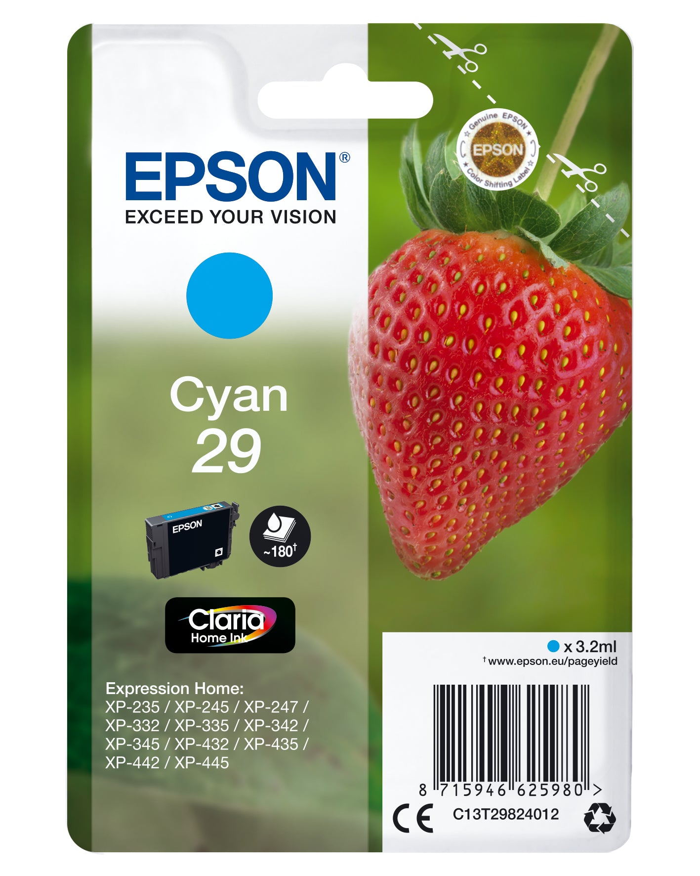 Epson 29 - 3,2 ml - azul cian - original - blister - cartucho de tinta - para Expression Home XP-245, 247, 255, 257, 332, 342, 345, 352, 355, 435, 442, 445, 452, 455