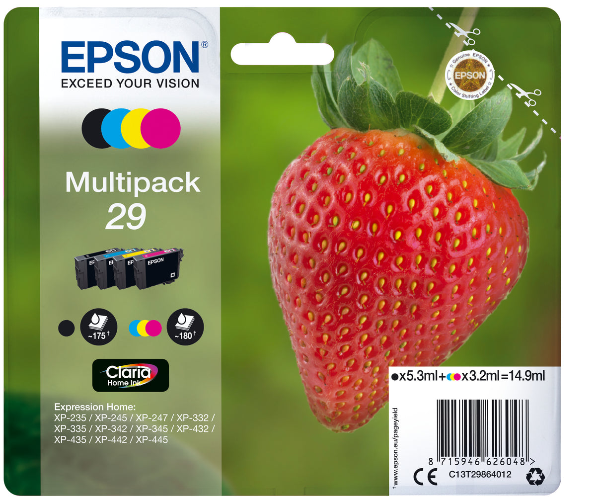 Epson 29 Multipack - Paquete de 4 - Negro, Amarillo, Cian, Magenta - Original - Blíster - Cartucho de tinta - para Expression Home XP-245, 247, 255, 257, 332, 342, 345, 352, 355, 435, 442, 445, 452, 455