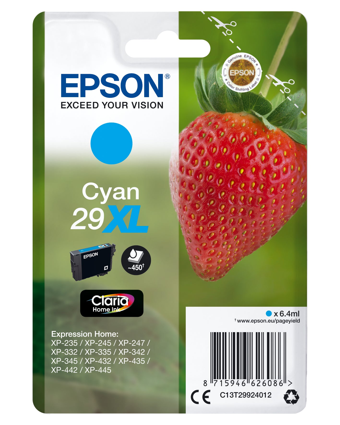 Epson 29XL - 6.4 ml - XL - cyan blue - original - blister - ink cartridge - for Expression Home XP-245, 247, 255, 257, 332, 342, 345, 352, 355, 435, 442, 445, 452, 455