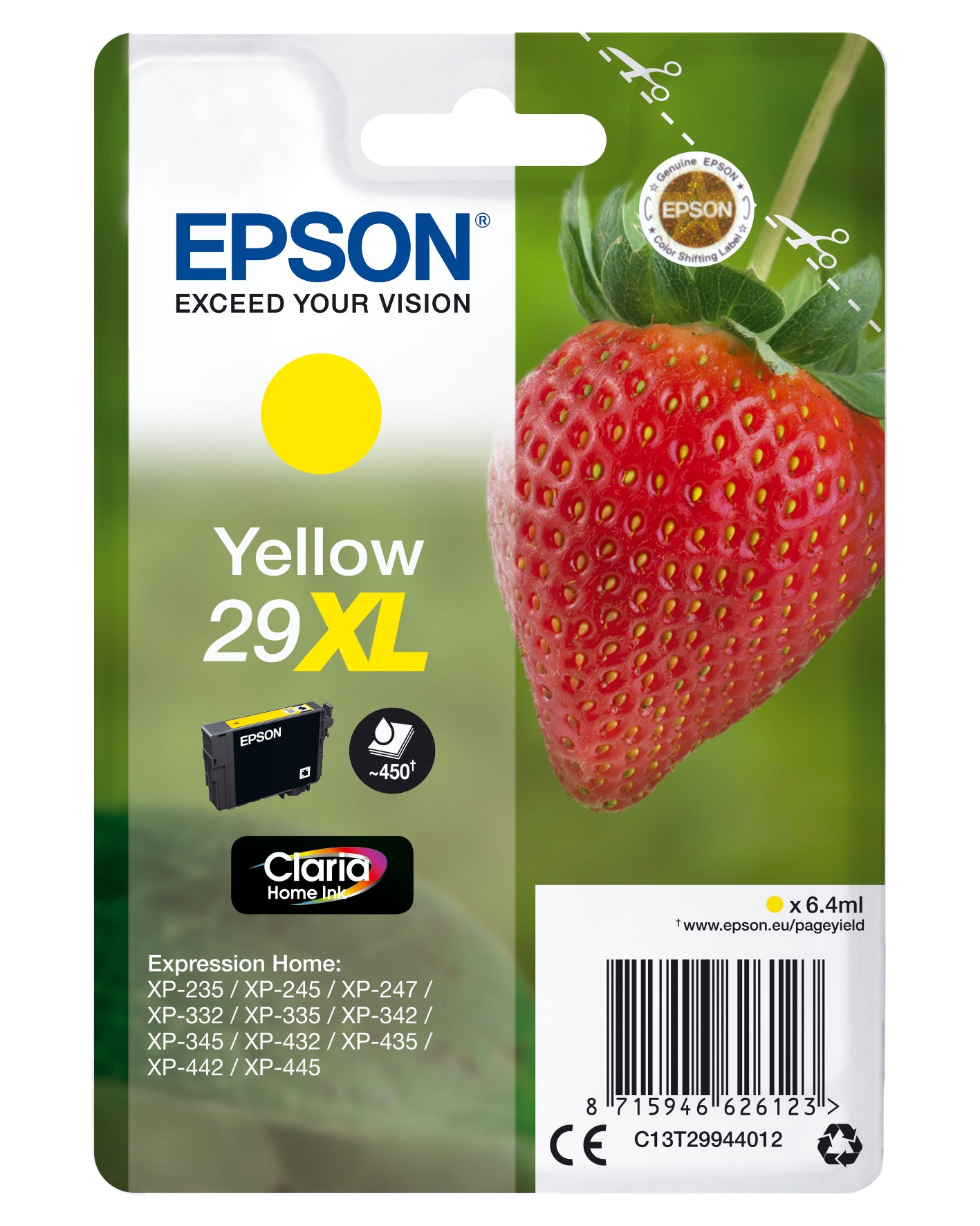 Epson 29XL - 6,4 ml - XL - amarillo - original - blister - cartucho de tinta - para Expression Home XP-245, 247, 255, 257, 332, 342, 345, 352, 355, 435, 442, 445, 452, 455