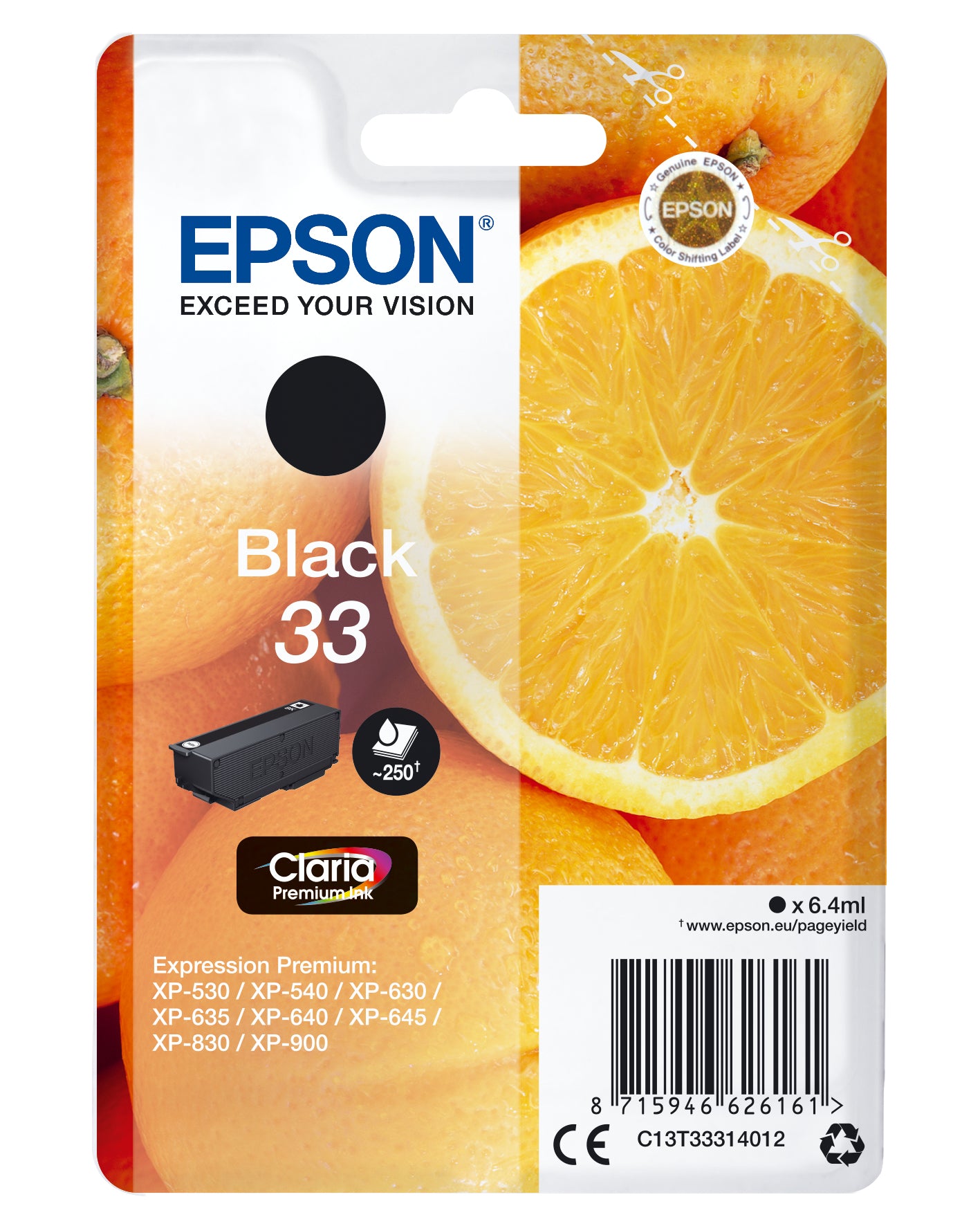 Epson 33 - 6.4 ml - preto - original - blister - tinteiro - para Expression Home XP-635, 830, Expression Premium XP-530, 540, 630, 635, 640, 645, 830, 900