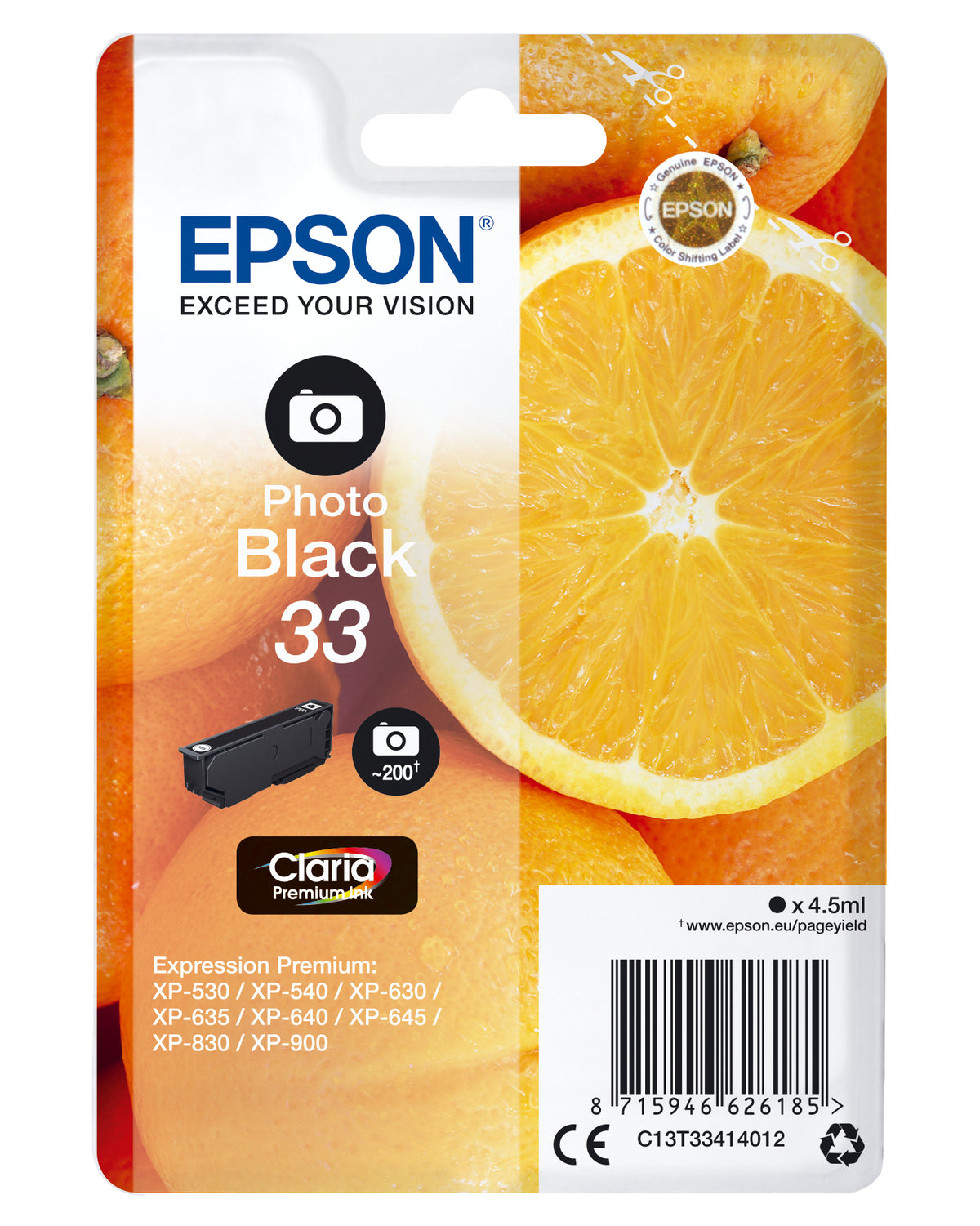 Epson 33 - 4,5 ml - negro fotográfico - original - blister - cartucho de tinta - para Expression Home XP-635, 830, Expression Premium XP-530, 540, 630, 635, 640, 645, 830, 900