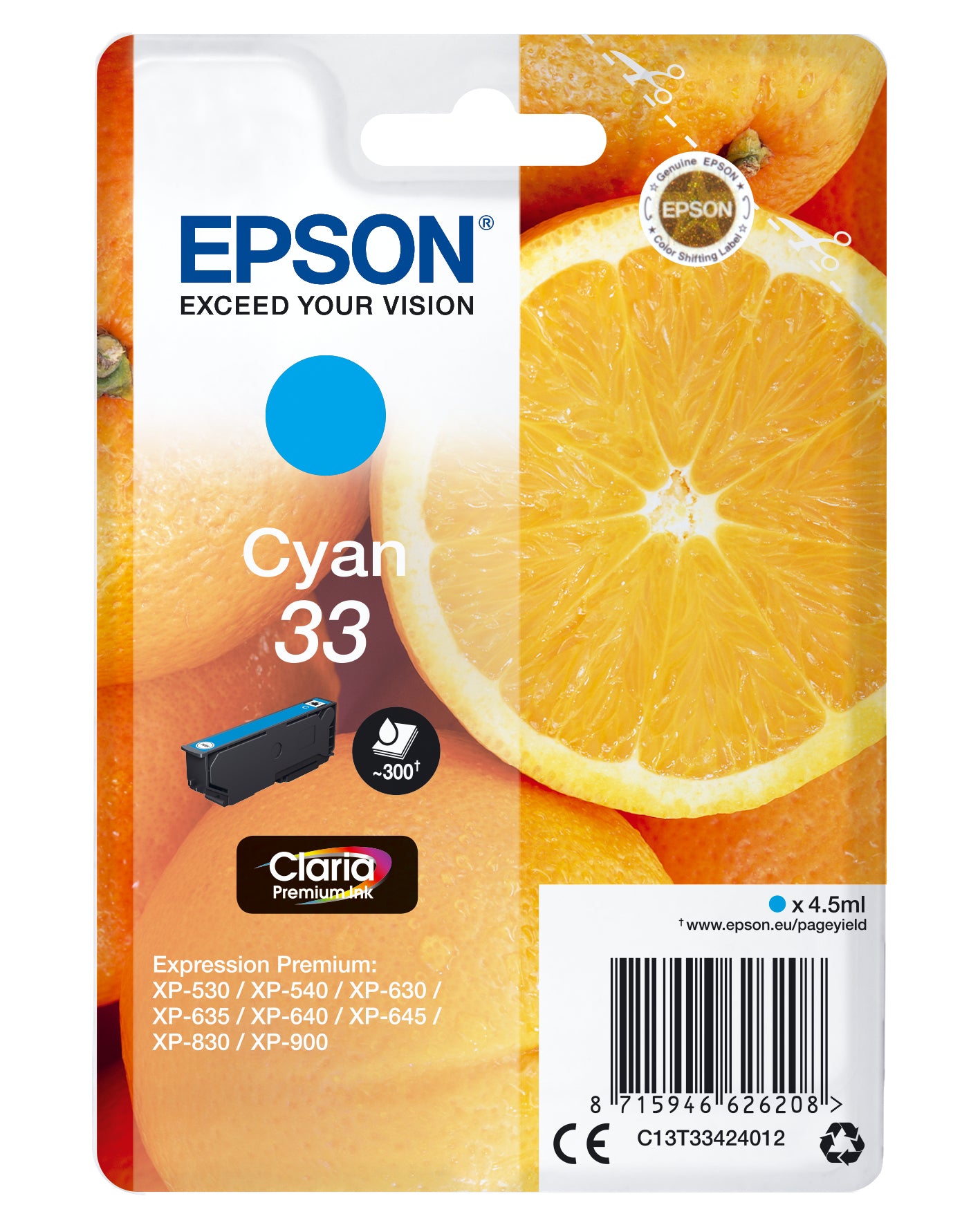 Epson 33 - 4.5 ml - azul cyan - original - blister - tinteiro - para Expression Home XP-635, 830, Expression Premium XP-530, 540, 630, 635, 640, 645, 830, 900