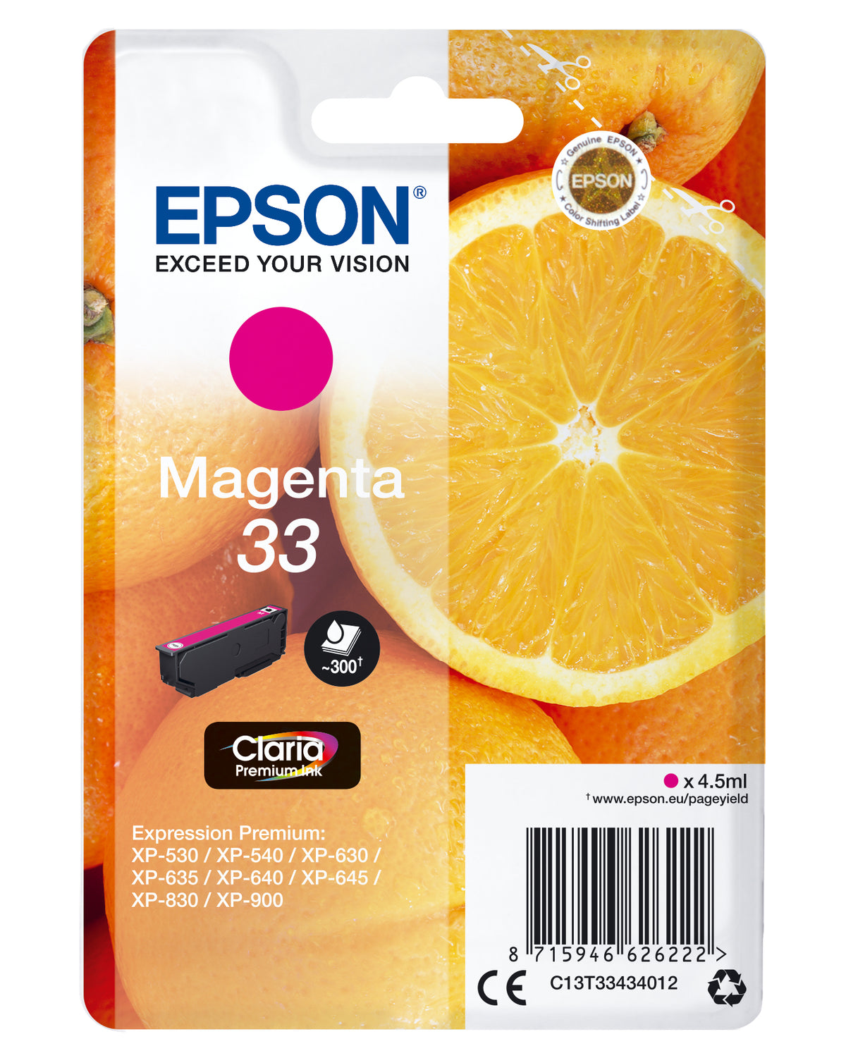 Epson 33 - 4,5 ml - magenta - original - blister - cartucho de tinta - para Expression Home XP-635, 830, Expression Premium XP-530, 540, 630, 635, 640, 645, 830, 900