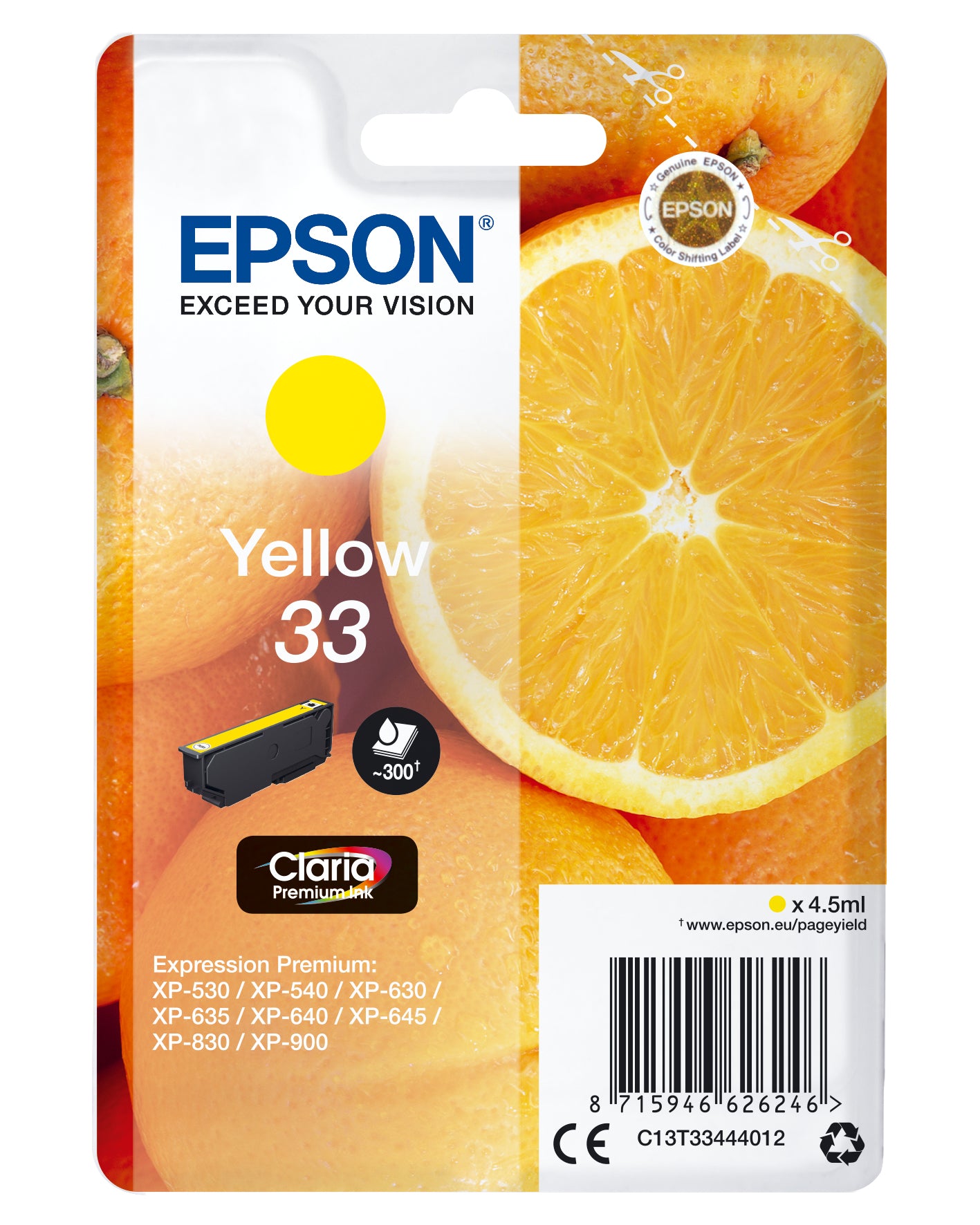 Epson 33 - 4,5 ml - amarillo - original - blister - cartucho de tinta - para Expression Home XP-635, 830, Expression Premium XP-530, 540, 630, 635, 640, 645, 830, 900