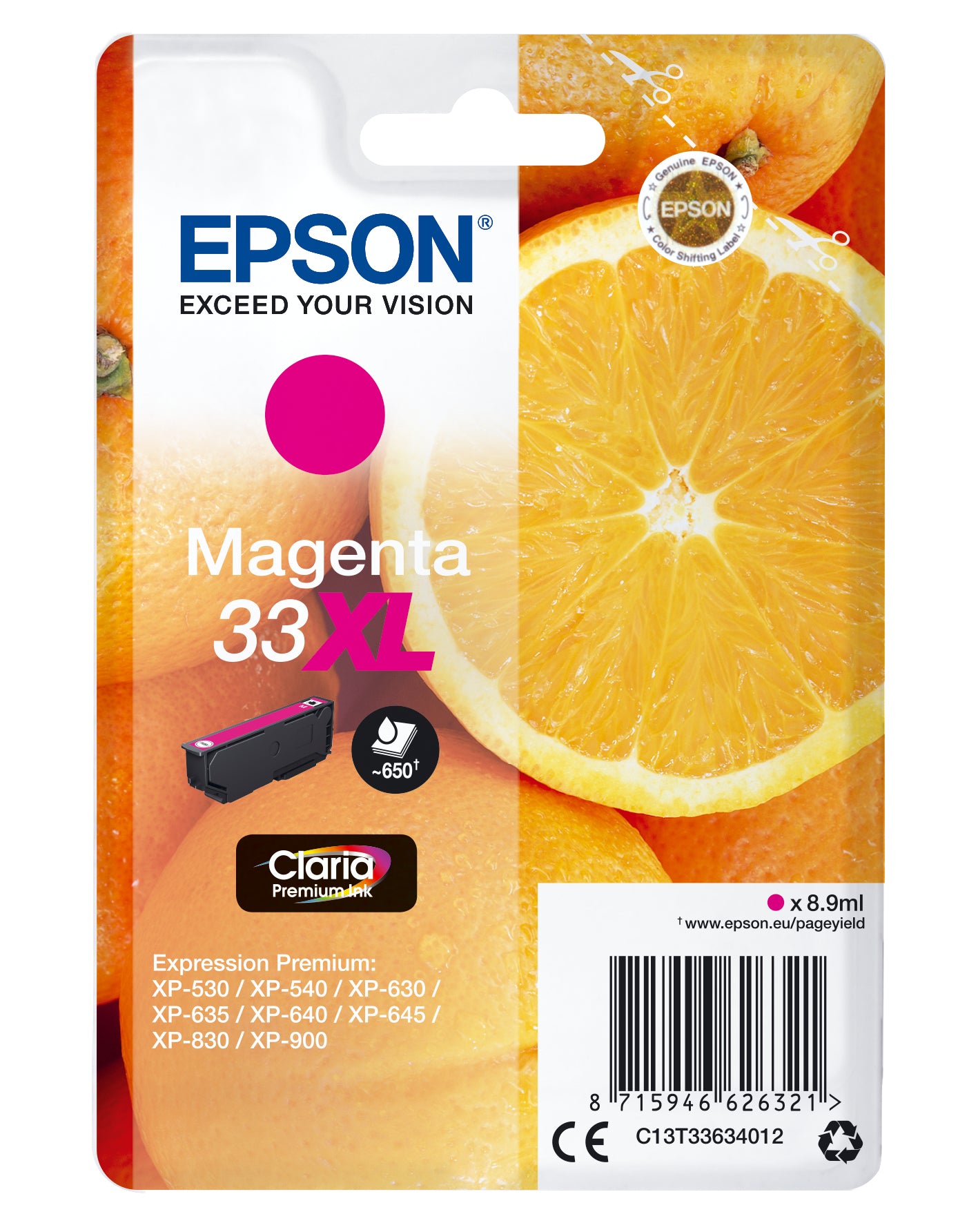 Epson 33XL - 8,9 ml - XL - magenta - original - blister - cartucho de tinta - para Expression Home XP-635, 830, Expression Premium XP-530, 540, 630, 635, 640, 645, 830, 900