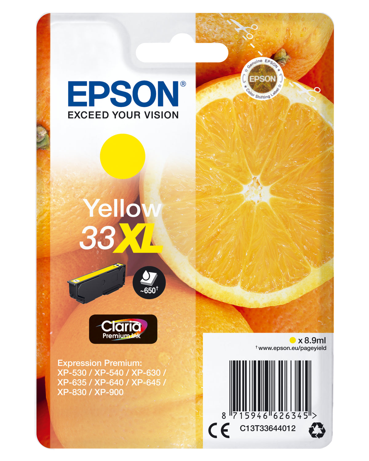 Epson 33XL - 8,9 ml - XL - amarillo - original - blister - cartucho de tinta - para Expression Home XP-635, 830, Expression Premium XP-530, 540, 630, 635, 640, 645, 830, 900