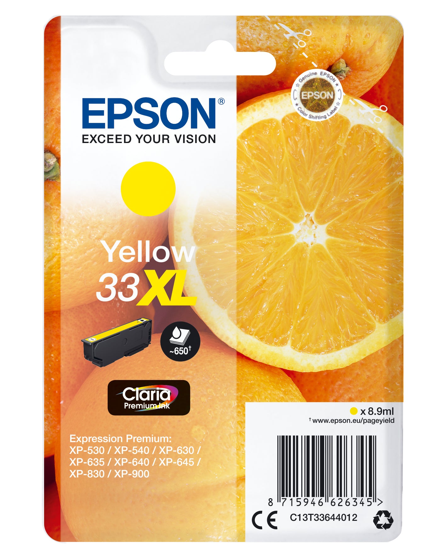 Epson 33XL - 8.9 ml - XL - amarelo - original - blister - tinteiro - para Expression Home XP-635, 830, Expression Premium XP-530, 540, 630, 635, 640, 645, 830, 900